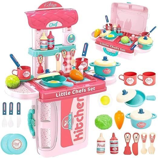 3 in 1 Portable Pretend Food Party Role Cooking Kitchen Play Set Plastic Toy-image-29