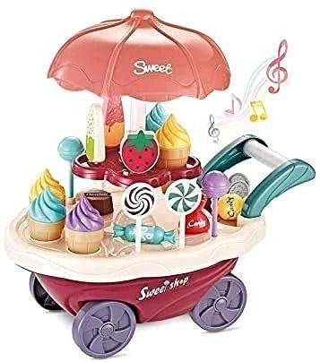 Ice Cream set toy, Kitchen Play Cart Kitchen Set Toy with Lights and Music, Small sweet shop Cart 30 Pcs toy for kids-image-36