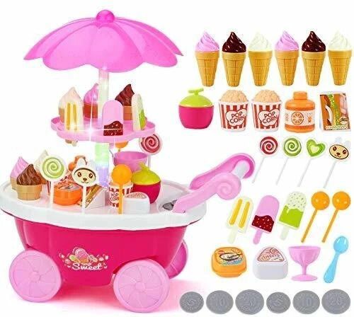 Luxury Sweet Shopping Battery Operated Big Size 39 Pcs Ice Cream Trolley Pretend Roll Plastic Play Set with LED Lights and Music Learning and Educational Toy for Kids (39 Pcs icecream)