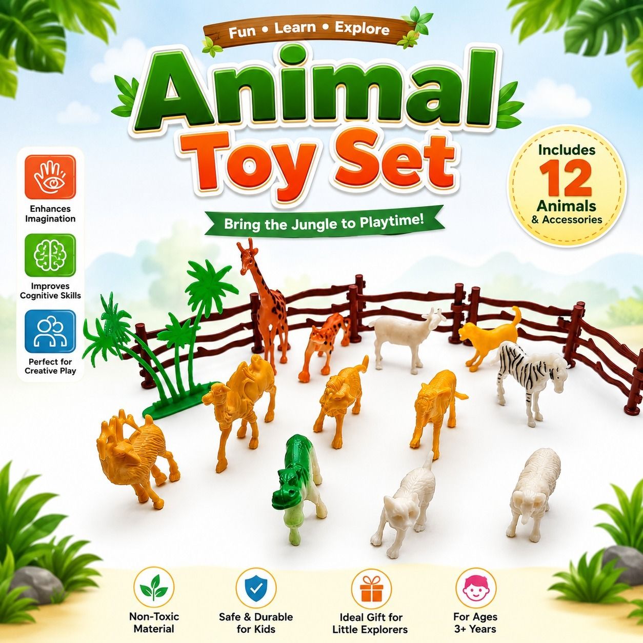 hasvarth enterprises Animal Toy Set for Kids | 12 Safari Wild Animal Figures with Fence & Trees-picture-47