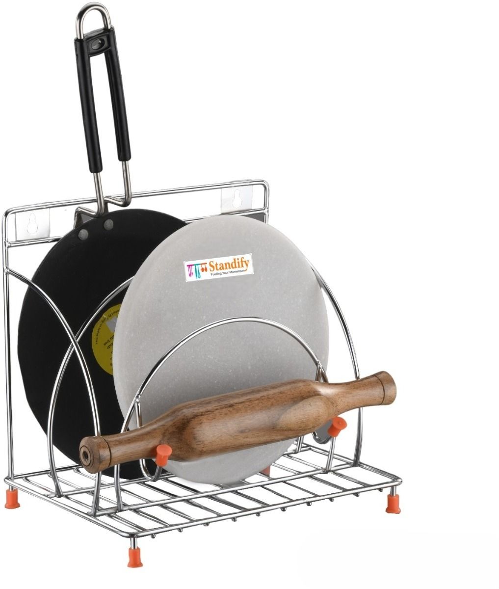 Chakla/Belan Kitchen Rack Stainless Steel Rolling Pin Holder Tawa Stand Chakla Belan Stand Steel-image-3