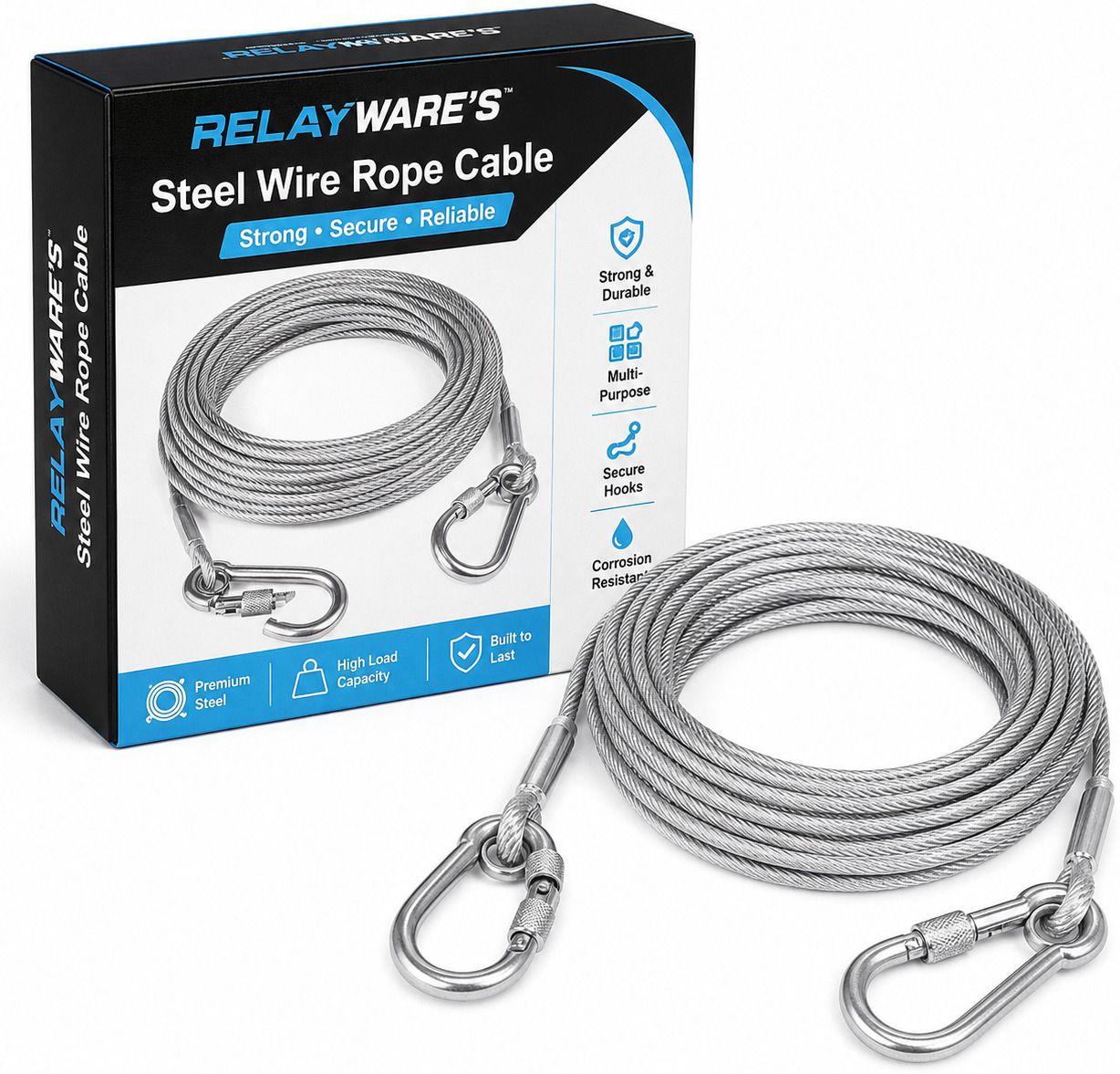 relayware's Heavy Duty Stainless Steel Rope, Clothesline with Safety Lock Carabiner Hooks Silver-picture-16