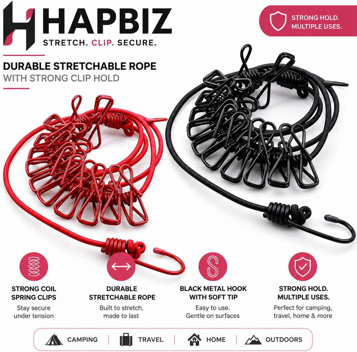 hapbiz Durable Stretchable Rope Clip Set Red, Black-picture-4