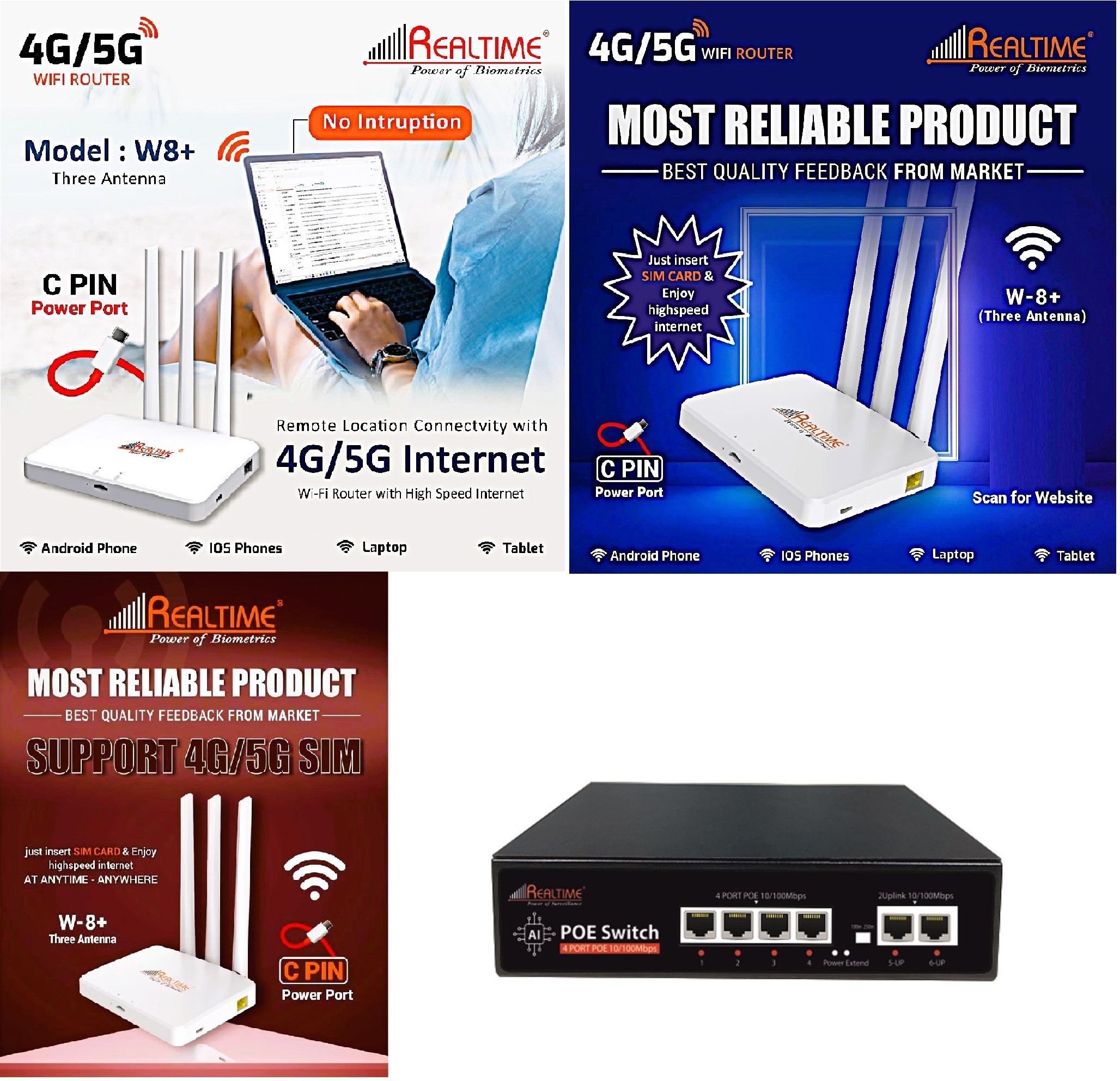 Realtime W8+ Sim Based Router 3 Pcs Combo + PoE Real Saving Offer Router 2.4 GHz 100 Mbps Wifi Speed Single Band Internal & External Antenna MiFi (Sim Based) image 1