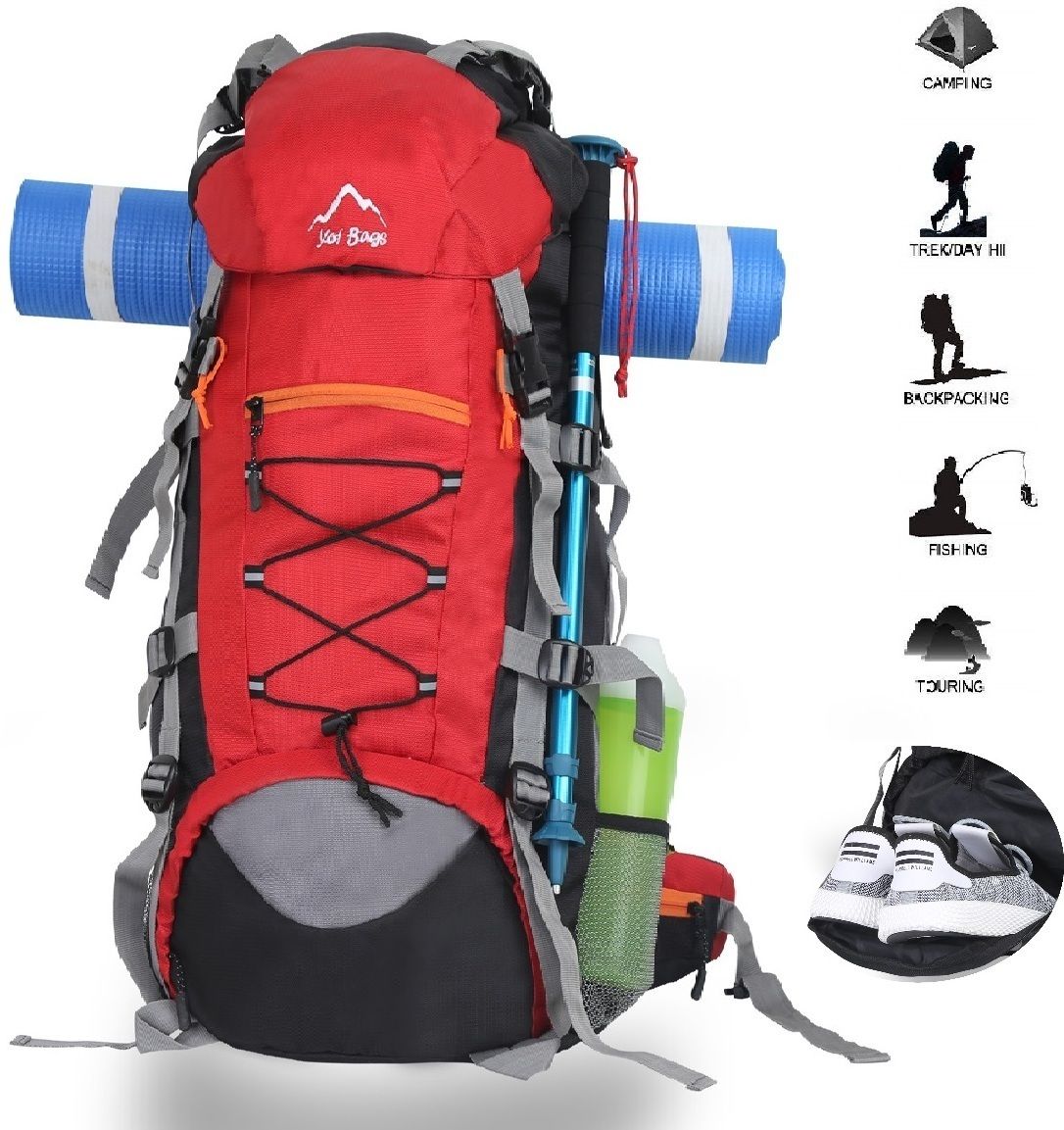 yoi Hiking Bag 70 litres Rucksack Travel Backpack for Adventure Camping Trekking Bag with Rain Cover & Shoes Compartment - RED Rucksack- 70 L-picture-27