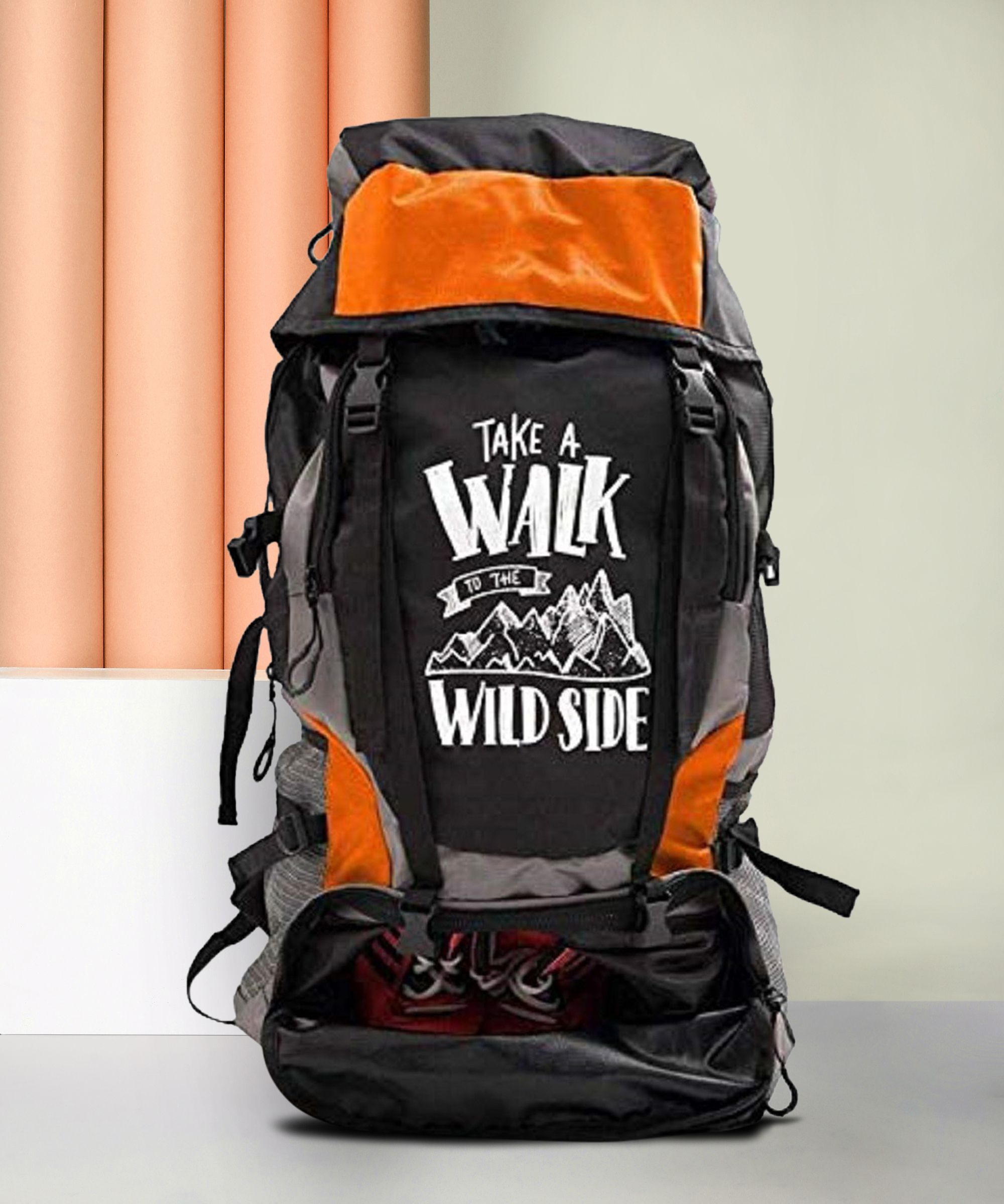 trunkit Adventure Series Water Resistance Trekking Hiking Travel Bag with Shoe Compartment Rucksack- 55 L (Black/Orange) Rucksack- 55 L-picture-12