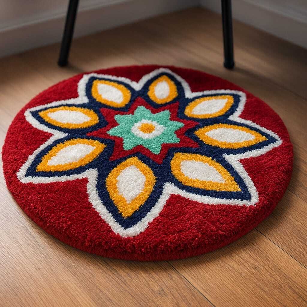 FloraBloom RoundSoft Microfiber Designer Rug Multicolor, Red Base Indoor and Outdoor Rug Pad