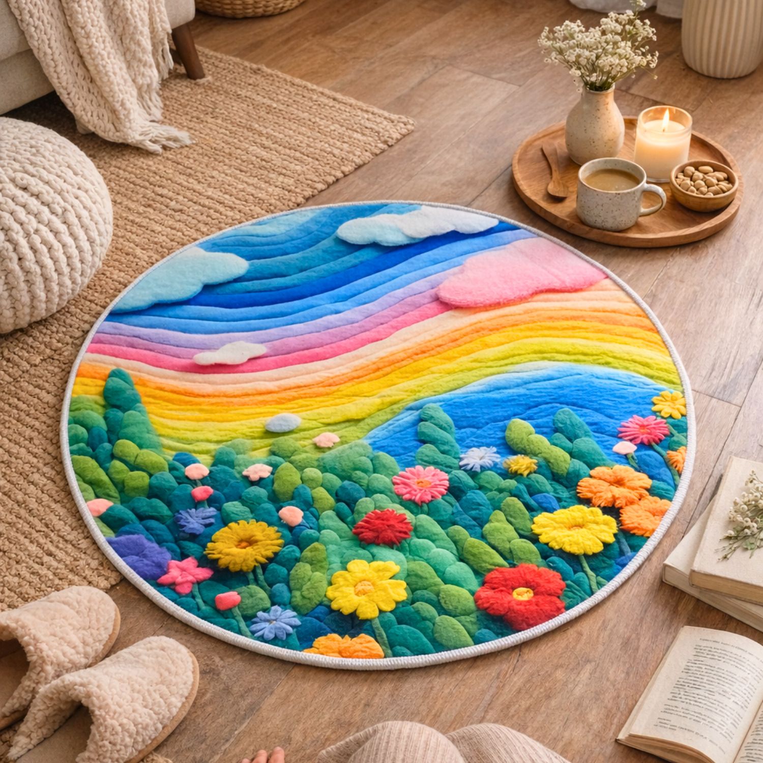 Rainbow Printed Round Floor Rug Carpet Mat 80x80 cm Soft Anti-Slip Home Decor Indoor Rug Pad-image-2