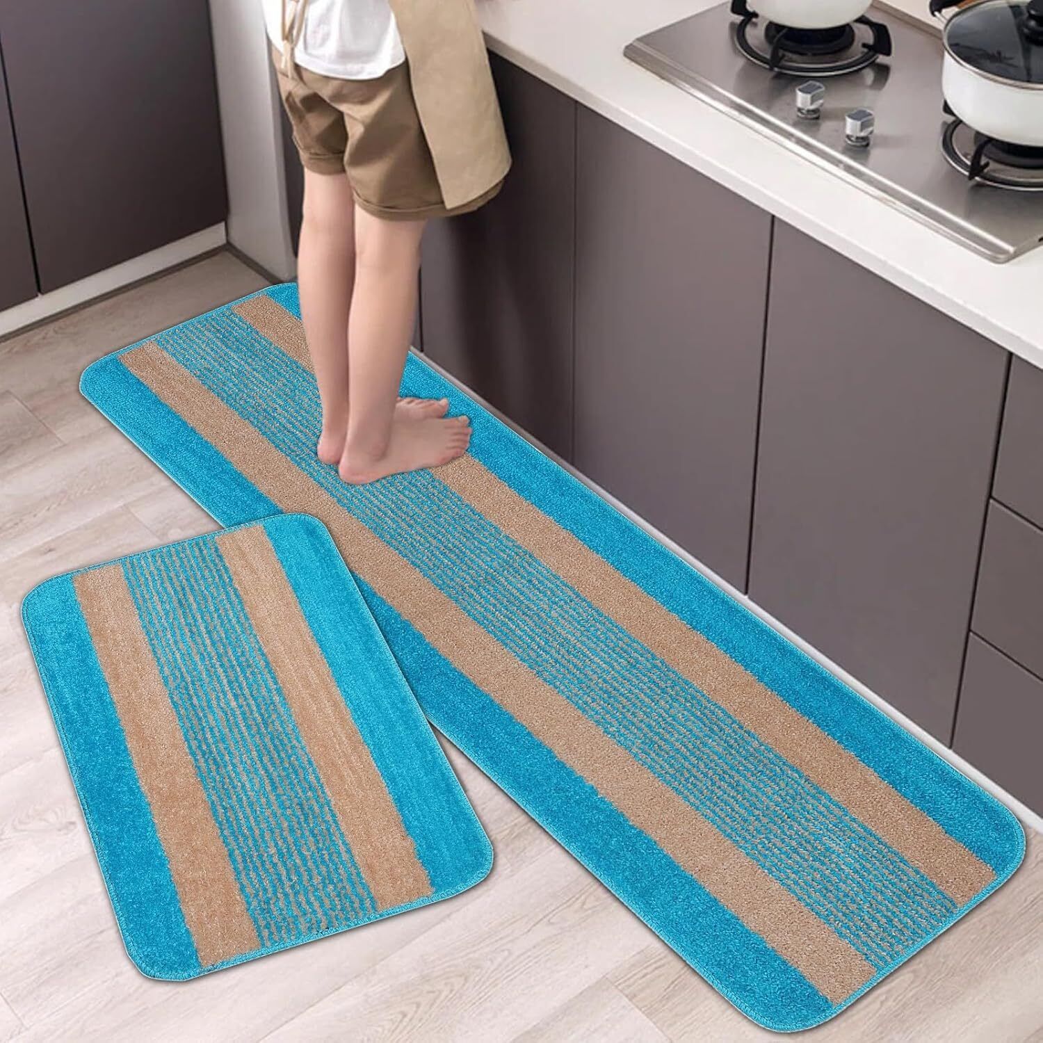 shreejee Aqua And Beige Microfiber Kitchen Set mat Indoor Rug Pad-picture-9