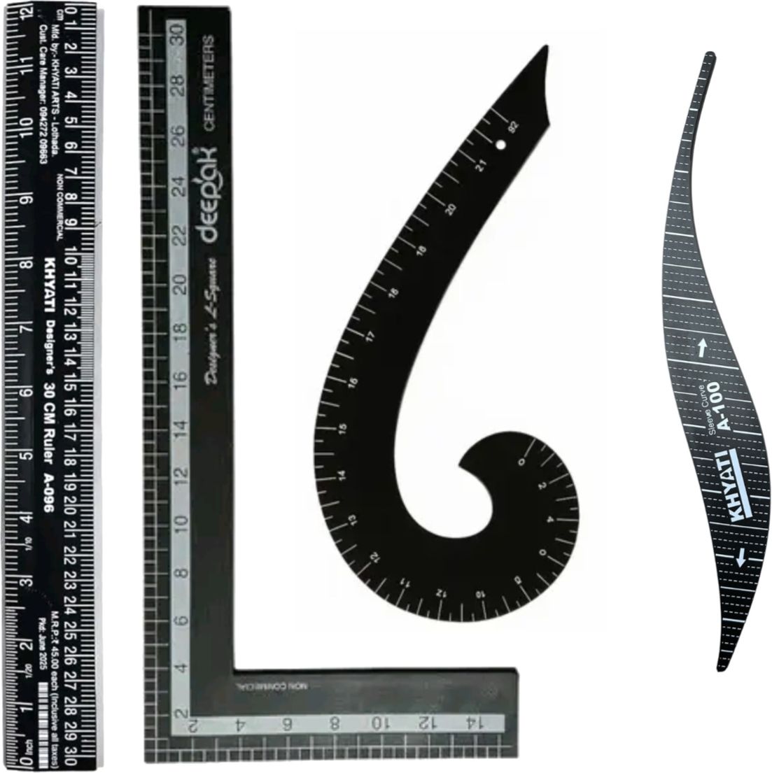 Black Arm hole scale, 30cm L, Straight Scale and Black French curve (4 pcs) Ruler-image-10