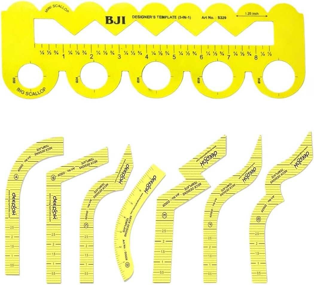 7-Piece Neck Design Template Set with 5 in 1 Scallop Scale (All Yellow) Ruler-image-39