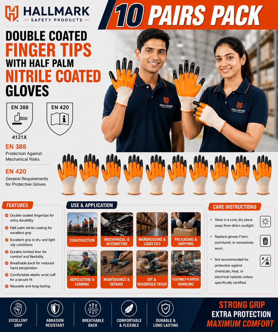 10 PAIRS (20 PCS) DOUBLE FINGER COATED HALF PALM NITRILE COATED GLOVES Polyester, Nylon Safety Gloves-image-26
