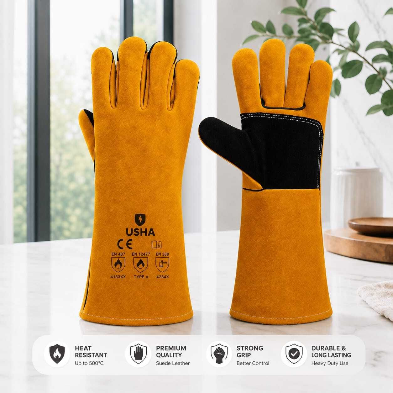 usha enterprises USHA ARC/MIG/TIG 14 inch Welding Gloves Heat&Fire Resistant at 500°C Leather Safety Gloves-picture-13