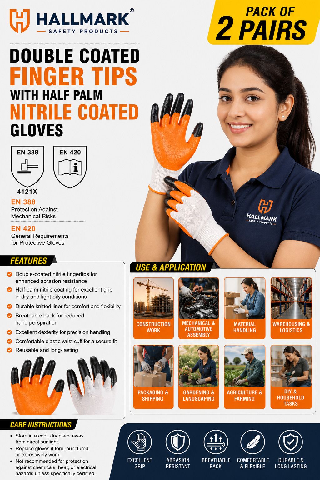 hallmark safety products 2 PAIRS (4 PCS) DOUBLE COATED HALF PALM NITRILE COATED GLOVES I AGRI I TOOLS Polyester, Nylon Safety Gloves-picture-19