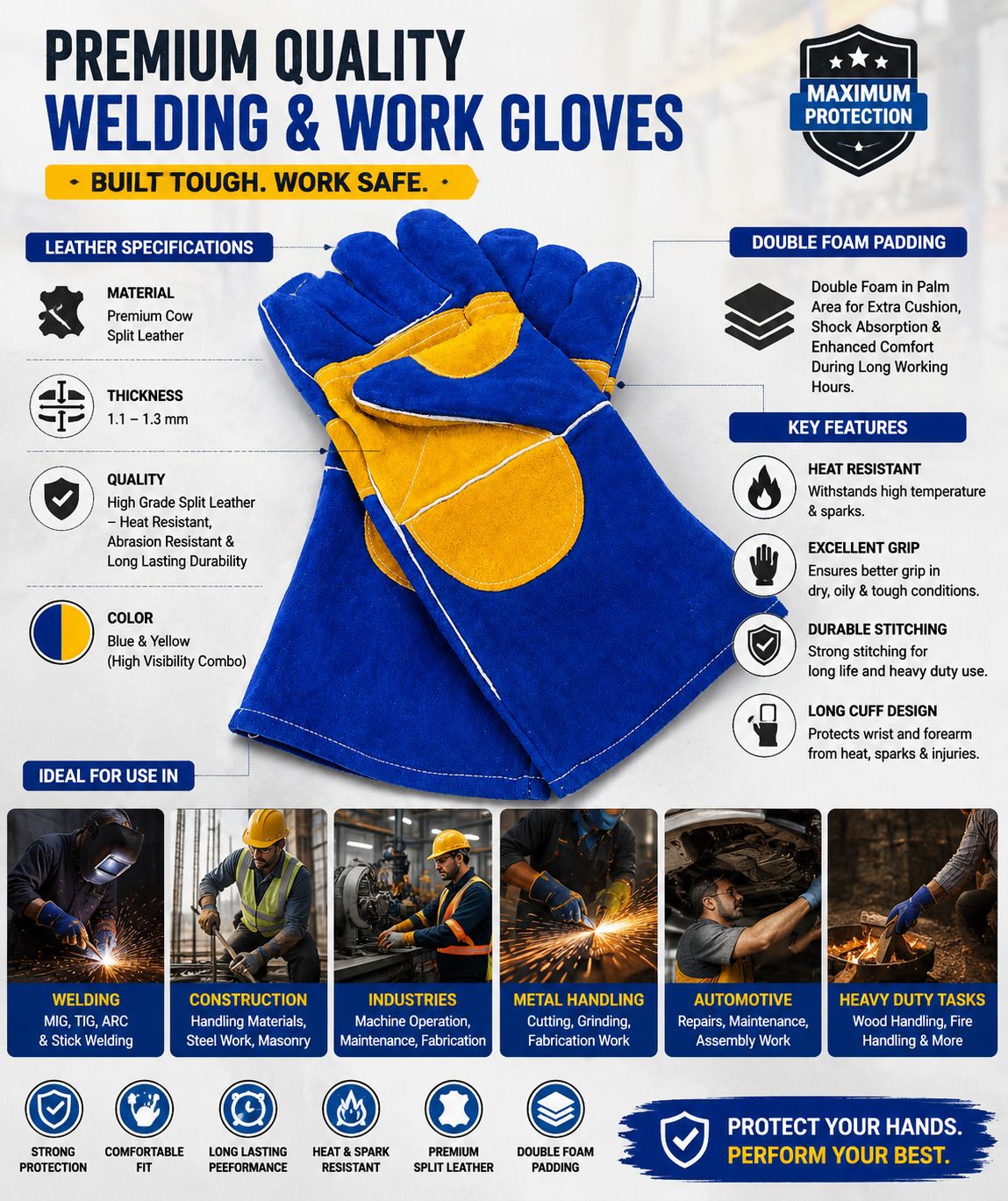 Heat & Fire Resistant Welding Gloves, Ideal For Animal Handling(Blue) 14 Inches Leather Safety Gloves-image-14
