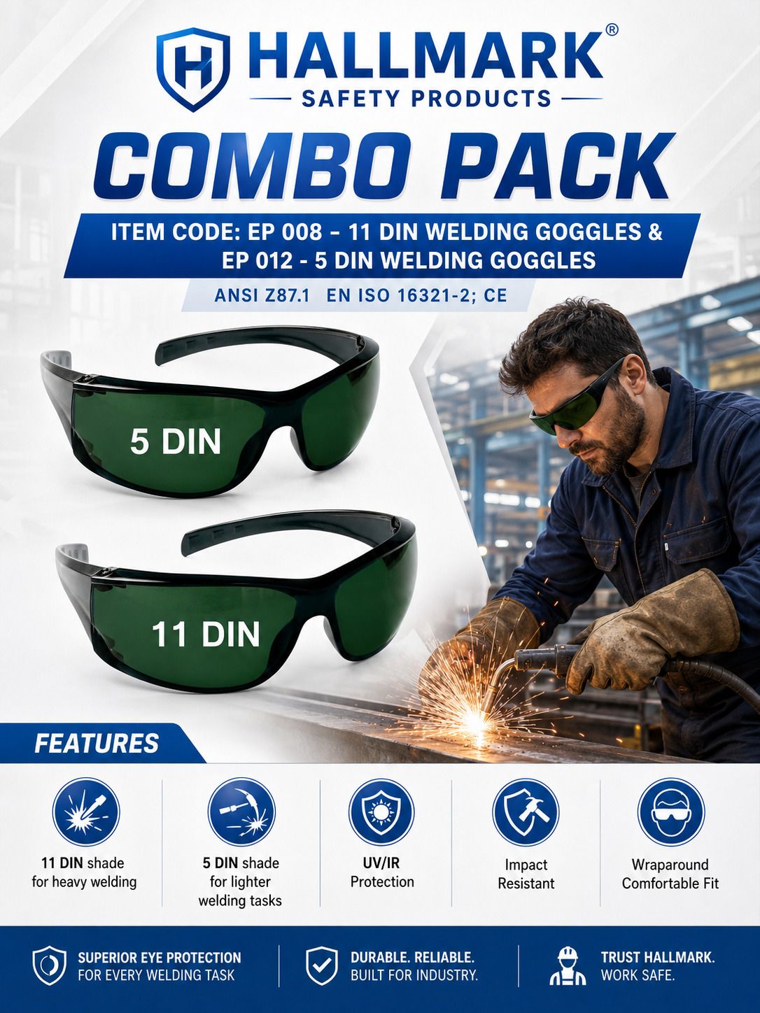 2 PC -COMBO PACK-EP 08-11 DIN & EP 012- 5 DIN WELDING SAFETY GOGGLES HALLMARK SAFETY WELDING GOGGLES COMBO - 5 DIN & 11 DIN I UV IR PROECTION Welding Safety Goggle-image-8