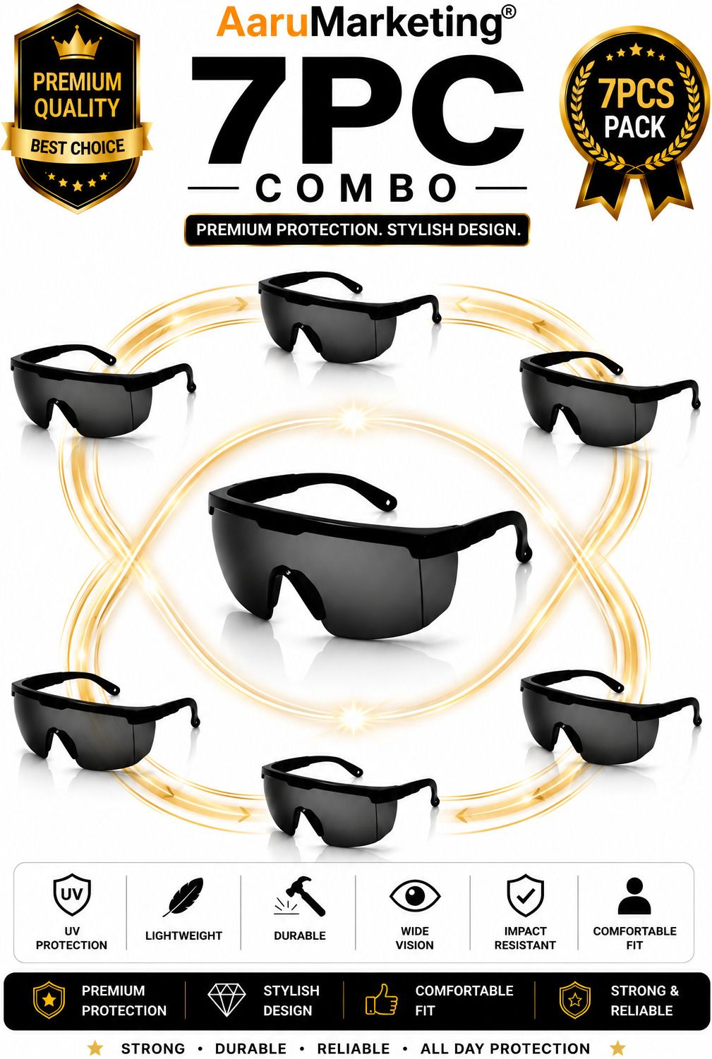 kk galaxy 7Pc Multi Purpose Safety Goggles Protective Safety Glasses 7 Pcs Unisex Black Goggles/Sunglass For Men,Women,Boys,Girls Power Tool, Blowtorch, Laboratory, Wood-working, Welding Safety Goggle-picture-3