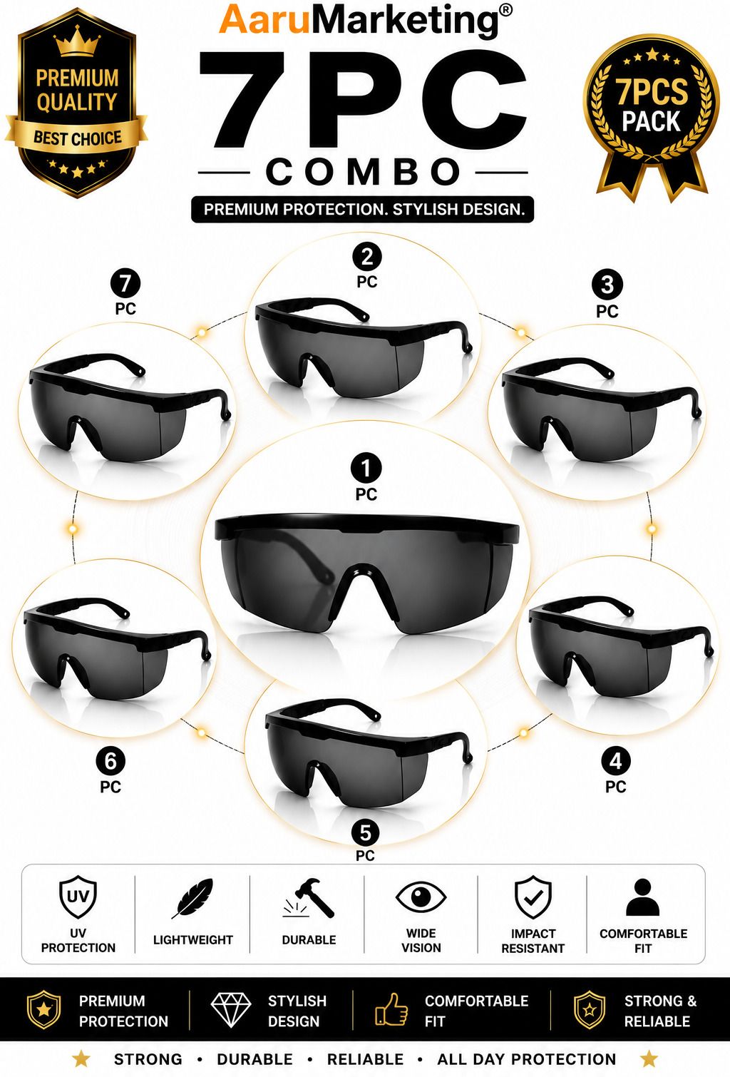kk galaxy 7 Pcs Goggles Impact Resistant Dust Proof Eye Protection Safety Glasses 7 Pcs Unisex Black Goggles/Sunglass For Men,Women,Boys,Girls Power Tool, Blowtorch, Laboratory, Wood-working, Welding Safety Goggle-picture-8