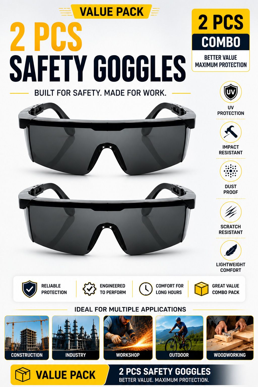2 PCS PREMIUM SAFETY GOGGLES HALLMARK EP 016 Gadgets Spets/Spects/Speds Dust Proof Day Night-Pack of 2 Blowtorch, Laboratory, Power Tool, Welding, Wood-working Safety Goggle-image-11