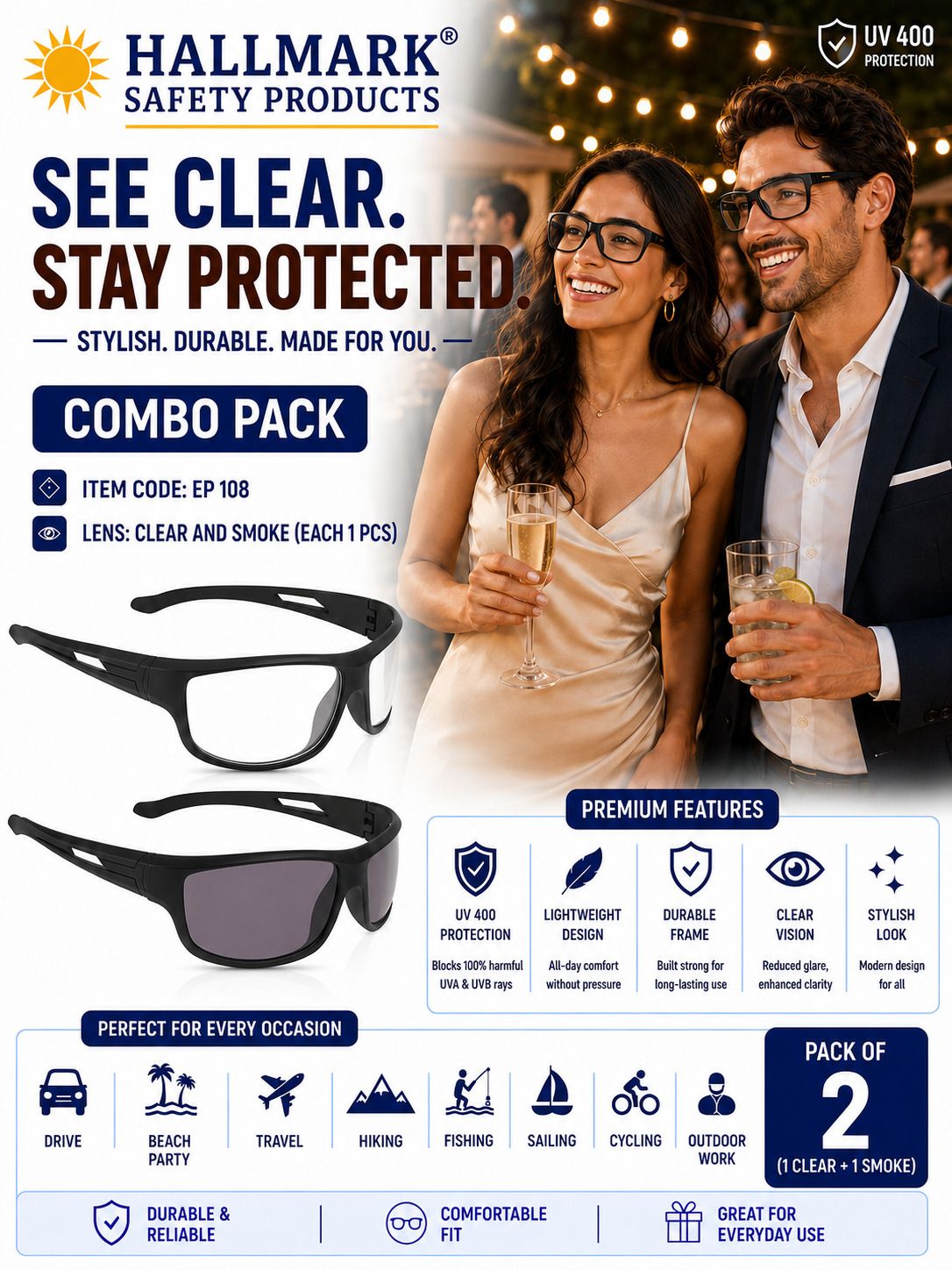 EP 108 CLEAR & AMBER UV PROTECTION LIGHTWEIGHT GOGGLES-2 PCS HALLMARK CLEAR & AMBER POLYCARBONATE LENS LIGHTWEIGHT GOGGLES Blowtorch, Laboratory, Power Tool, Welding, Wood-working Safety Goggle-image-28