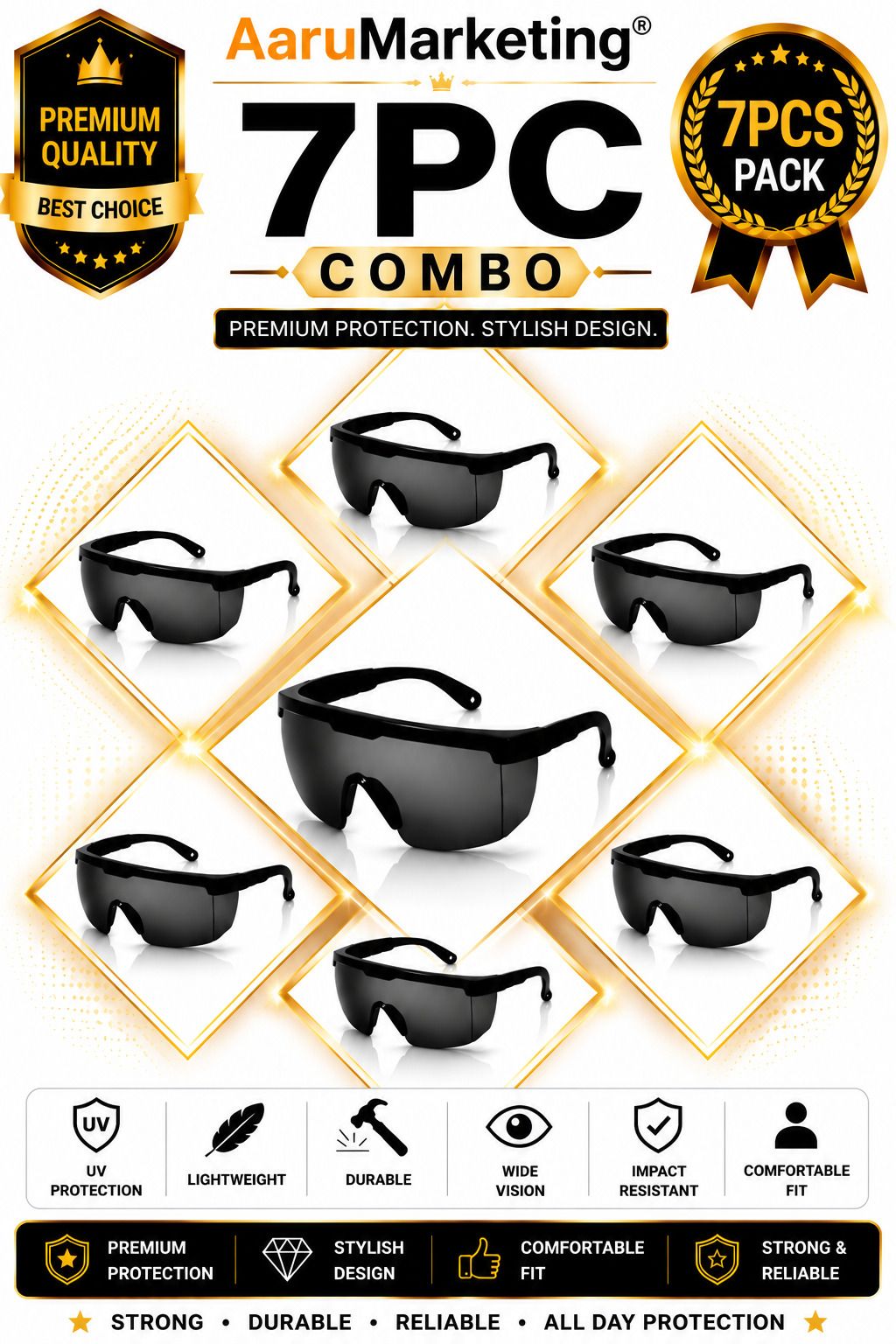 kk galaxy 7 Pc Premium Industrial Safety Goggles Protective Eye Safety Glasses 7 Pcs Unisex Black Goggles/Sunglass For Men,Women,Boys,Girls Power Tool, Blowtorch, Laboratory, Wood-working, Welding Safety Goggle-picture-4