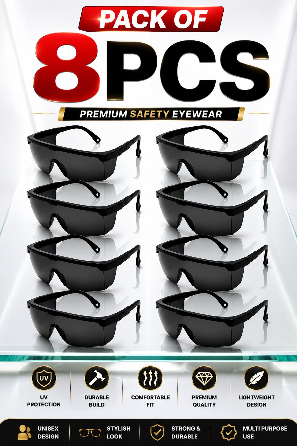 kk galaxy Heavy Duty Industrial Safety Goggles Protective Safety Glasses 8 Pcs Unisex Black Goggles/Sunglass For Men,Women,Boys,Girls Power Tool, Blowtorch, Laboratory, Wood-working, Welding Safety Goggle-picture-10