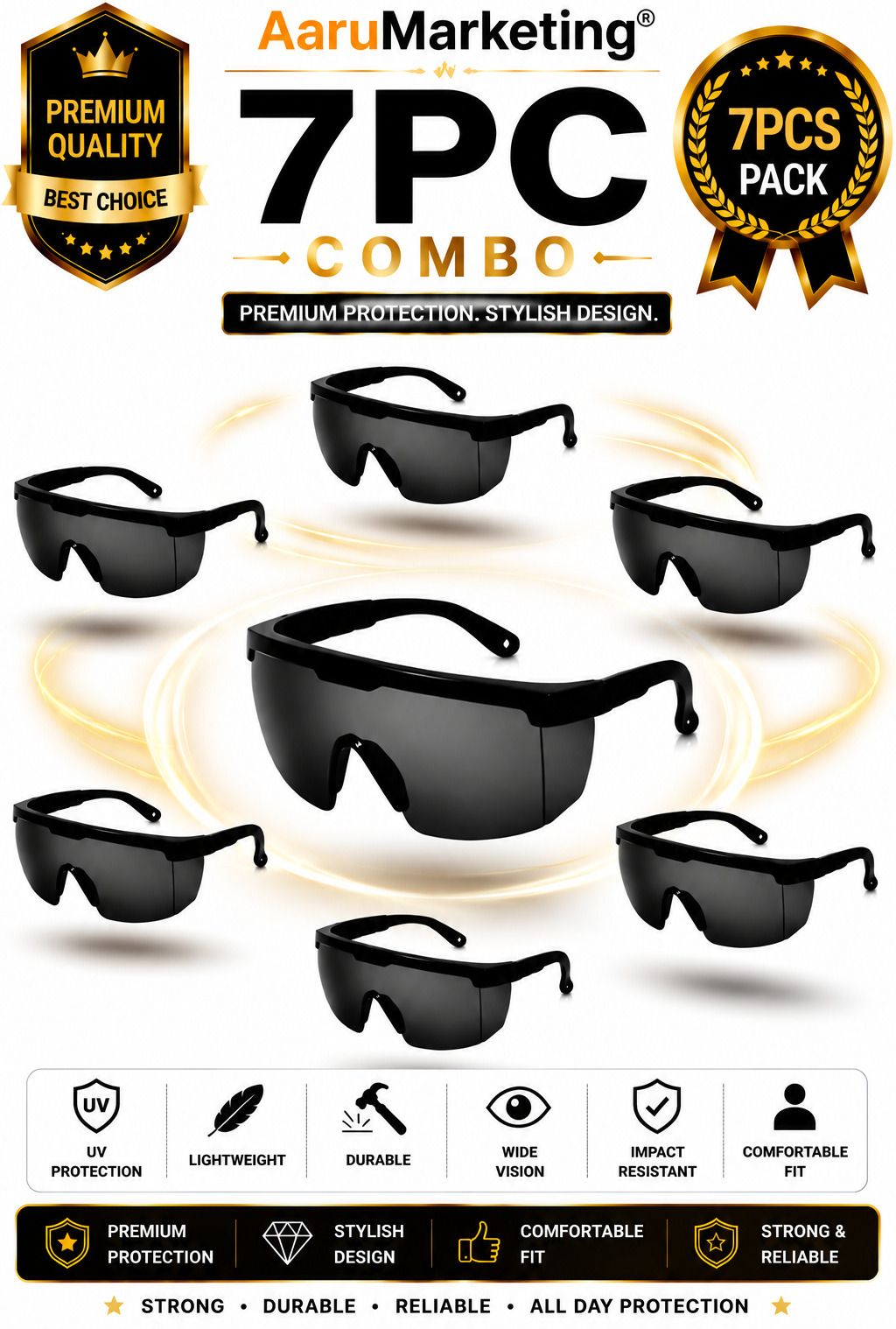 kk galaxy 7 Pc Safety Goggles Impact Resistant Dust Proof Eye Protection Safety Glasses 7 Pcs Unisex Black Goggles/Sunglass For Men,Women,Boys,Girls Power Tool, Blowtorch, Laboratory, Wood-working, Welding Safety Goggle-picture-5
