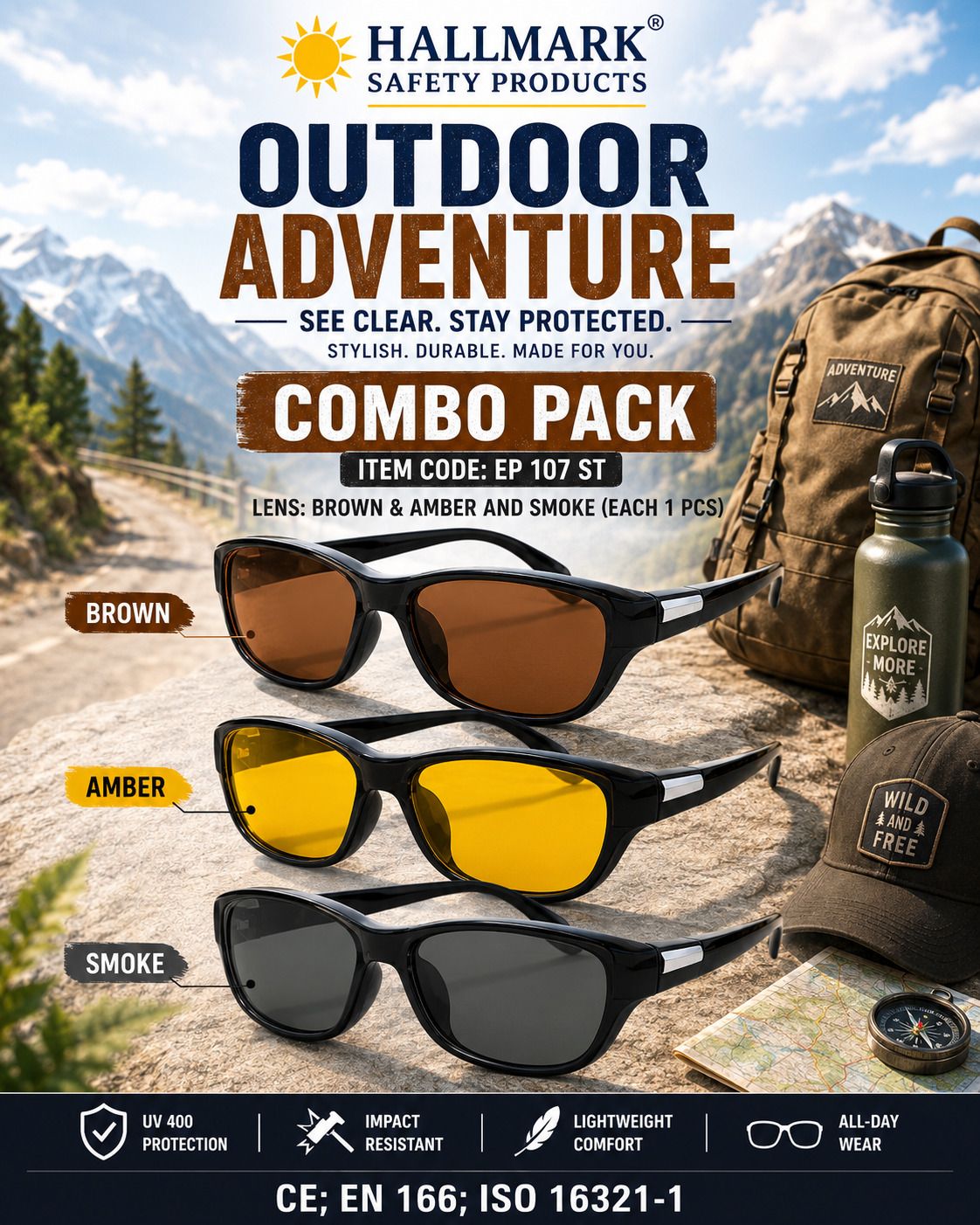 3 PCS PACK EP 107 ST BROWN/AMBER/SMOKE LENS SAFETY GOGGLES HALLMARK SAFETY GOGGLES UV PROTECTION ,LIGHTWEIGHT,POLYCARBONATE LENS GOGGLES Blowtorch, Laboratory, Power Tool, Wood-working Safety Goggle-image-19