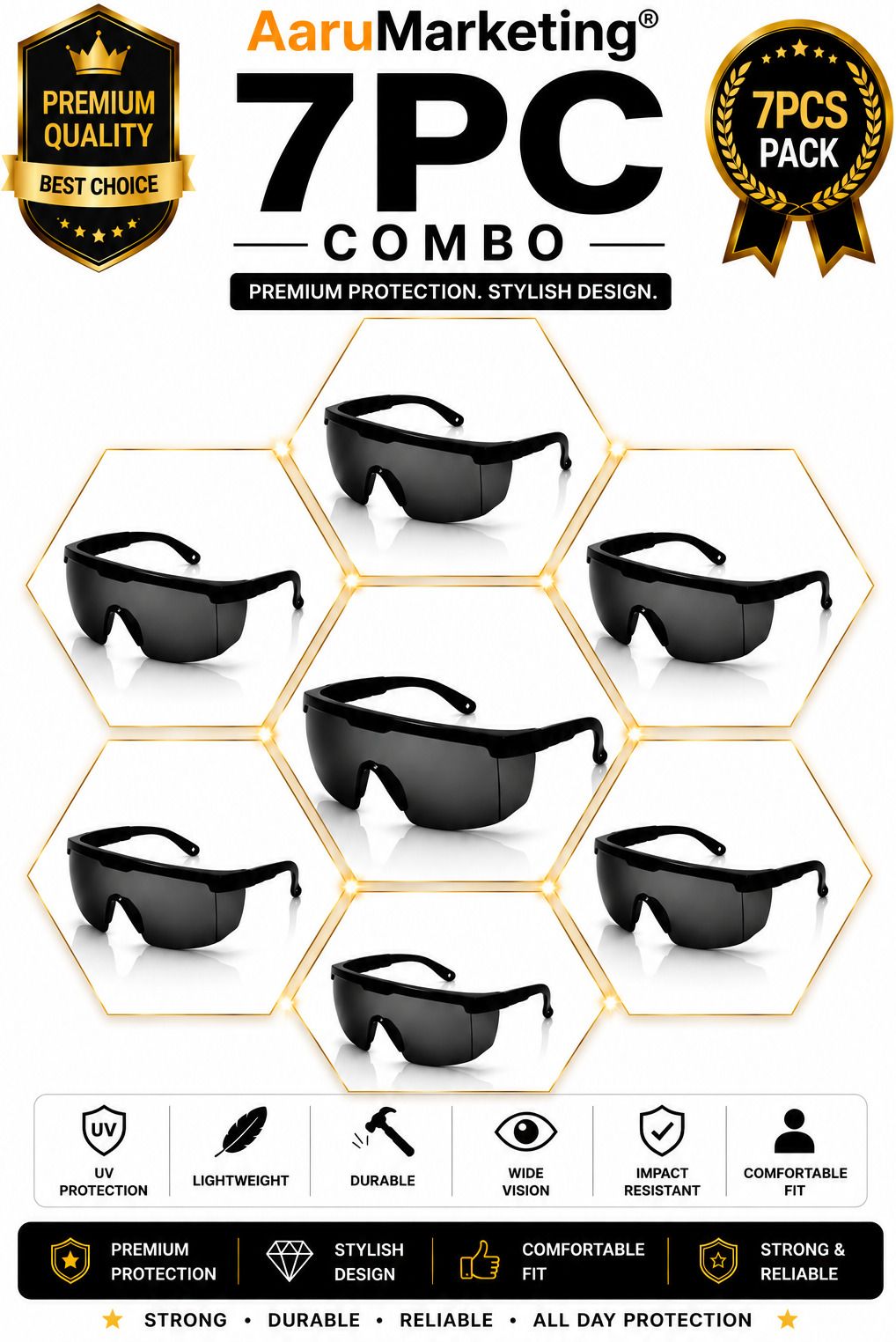 kk galaxy 7 Pcs Multi Purpose Safety Goggles Protective Safety Glasses 7 Pcs Unisex Black Goggles/Sunglass For Men,Women,Boys,Girls Power Tool, Blowtorch, Laboratory, Wood-working, Welding Safety Goggle-picture-9