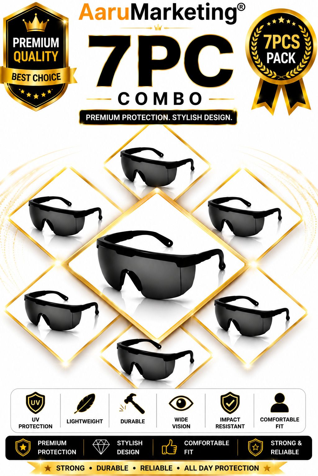 kk galaxy 7 Pc Heavy Duty Industrial Safety Goggles Protective Safety Glasses 7 Pcs Unisex Black Goggles/Sunglass For Men,Women,Boys,Girls Power Tool, Blowtorch, Laboratory, Wood-working, Welding Safety Goggle-picture-7