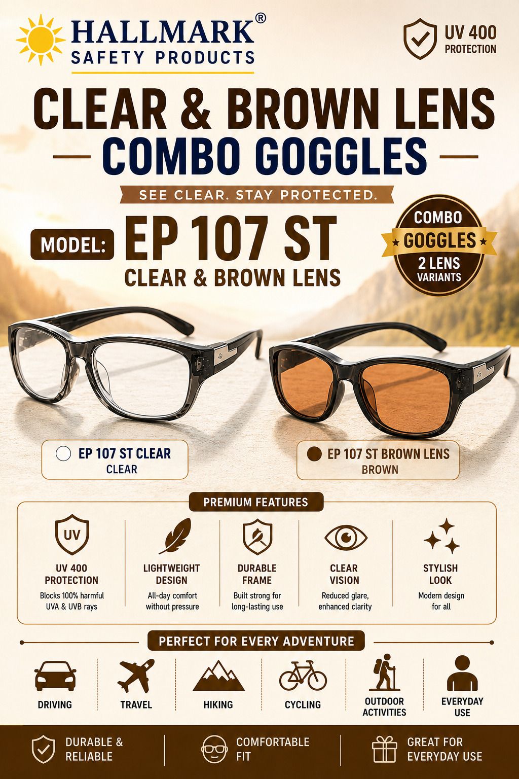 EP 107 ST CLEAR & AMBER UV PROTECTIVE COMBO GOGGLES-2 PCS HALLMARK CLEAR & AMBER GOGGLES LIGHTWEIGHT POLYCARBONATE LENS Blowtorch, Laboratory, Power Tool, Wood-working Safety Goggle-image-32