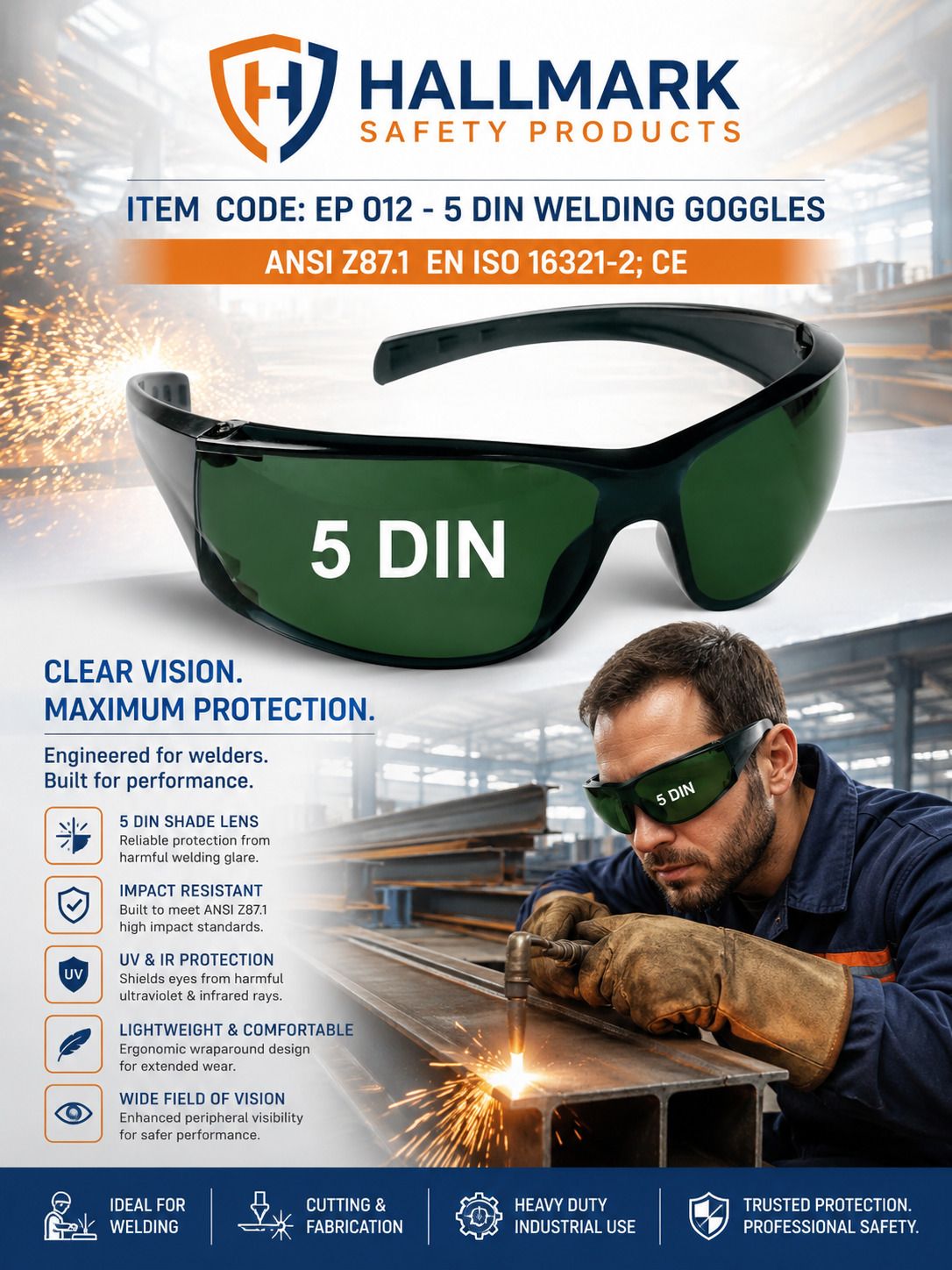2 PC PACK- EP 012 - 5 DIN WELDING SAFETY GOGGLES I PLASMA I ARC UV IR PROTECTION HALLMARK 5 DIN LENS DESIGNED FOR GAS WELDING, BRAZING, CUTTING,LIGHT TORCH Welding, Power Tool Safety Goggle-image-49