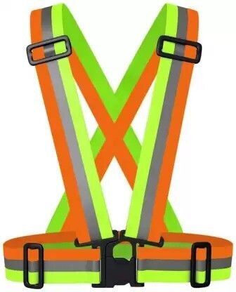 DTC Safe High Visibility Protective Safety Reflective Vest Belt Jacket, Night Cycling Reflector Strips Cross Belt Stripes Adjustable Vest - Orange & Green Safety Jacket-image-13