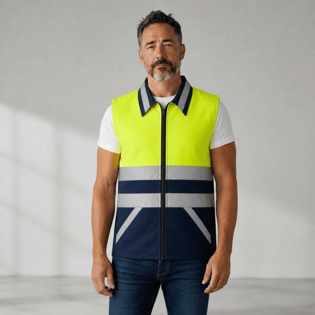 Green & Navy Blue Safety Vest|Zip Closure, Front Pockets|Construction Industrial Safety Jacket-image-0