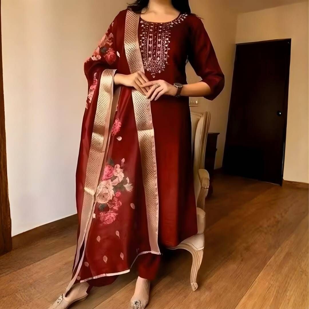 pranshi fashion Women Maroon Embroidered Kurta with Dupatta Set Ethnic Wear Embroidered, Floral Print Kurta, Trouser/Pant & Dupatta Set-picture-10