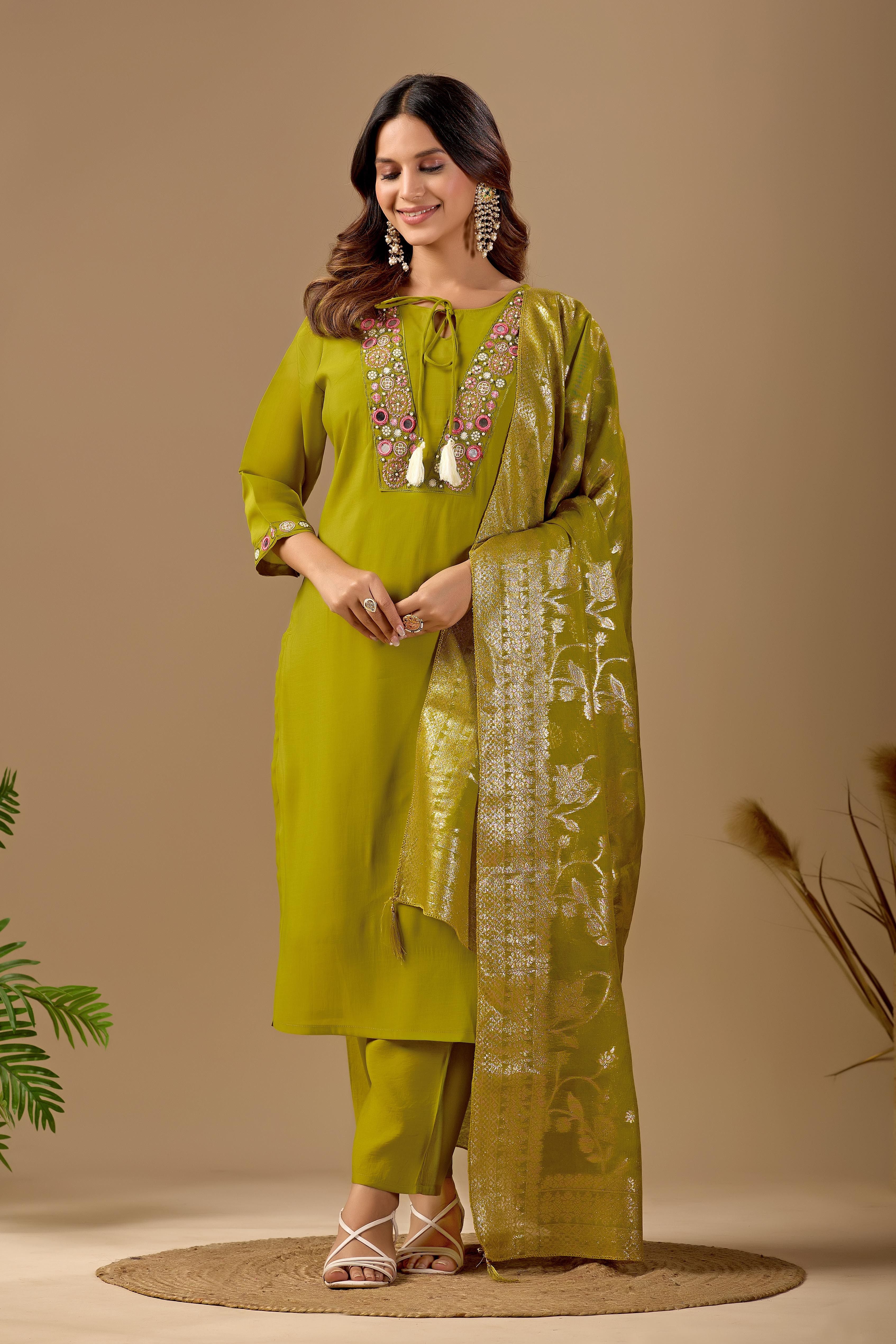 manvaa Embroidered Kurta, Trouser/Pant & Dupatta Set-picture-10