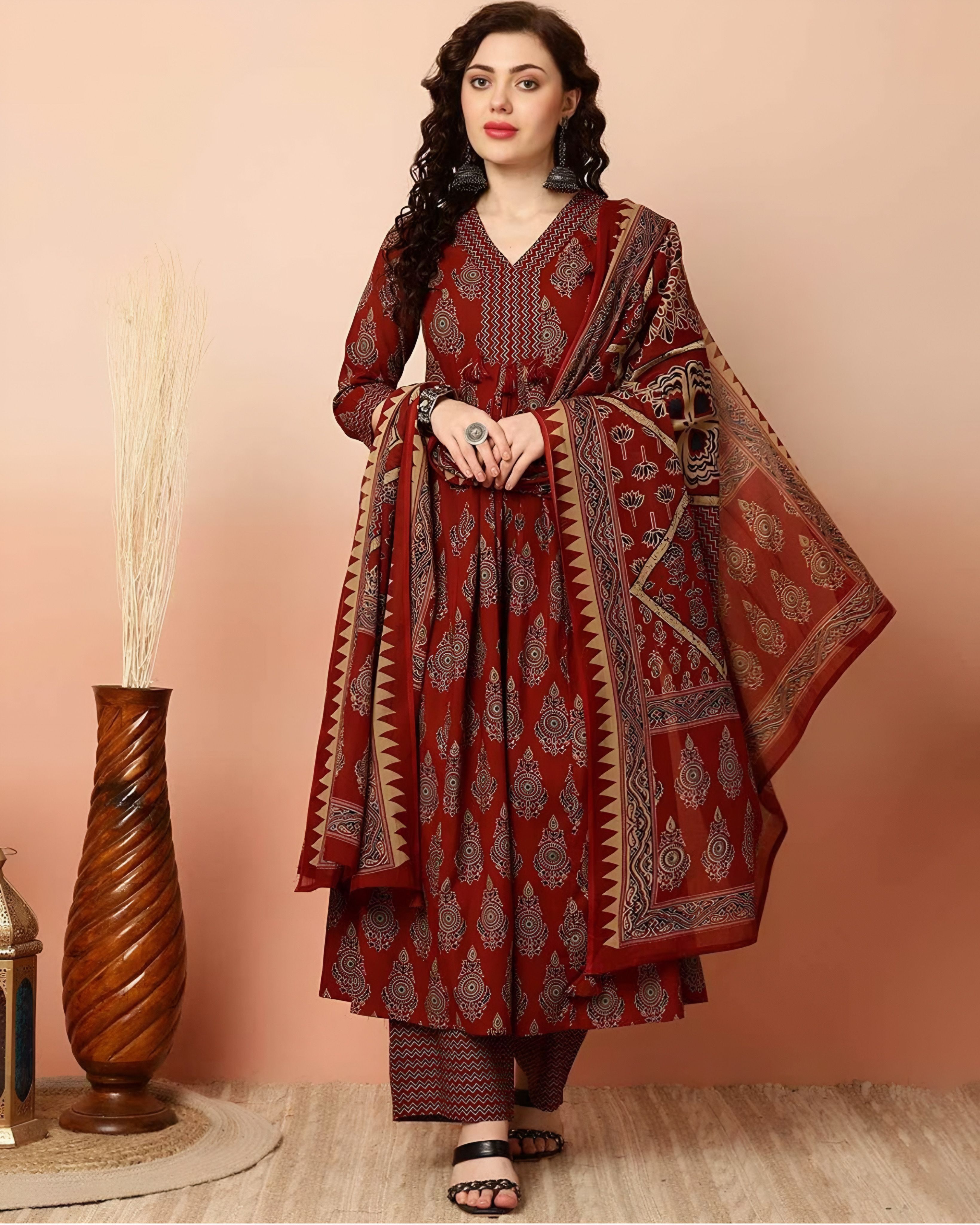 Floral Print Kurta, Palazzo & Dupatta Set-image-22