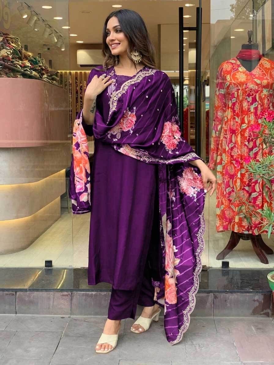 Floral Print Kurta, Salwar & Dupatta Set-image-34