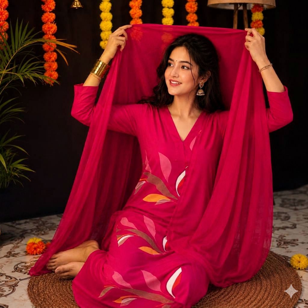 Pink Floral Printed Kurta Set Floral Print Kurta, Trouser/Pant & Dupatta Set-image-29