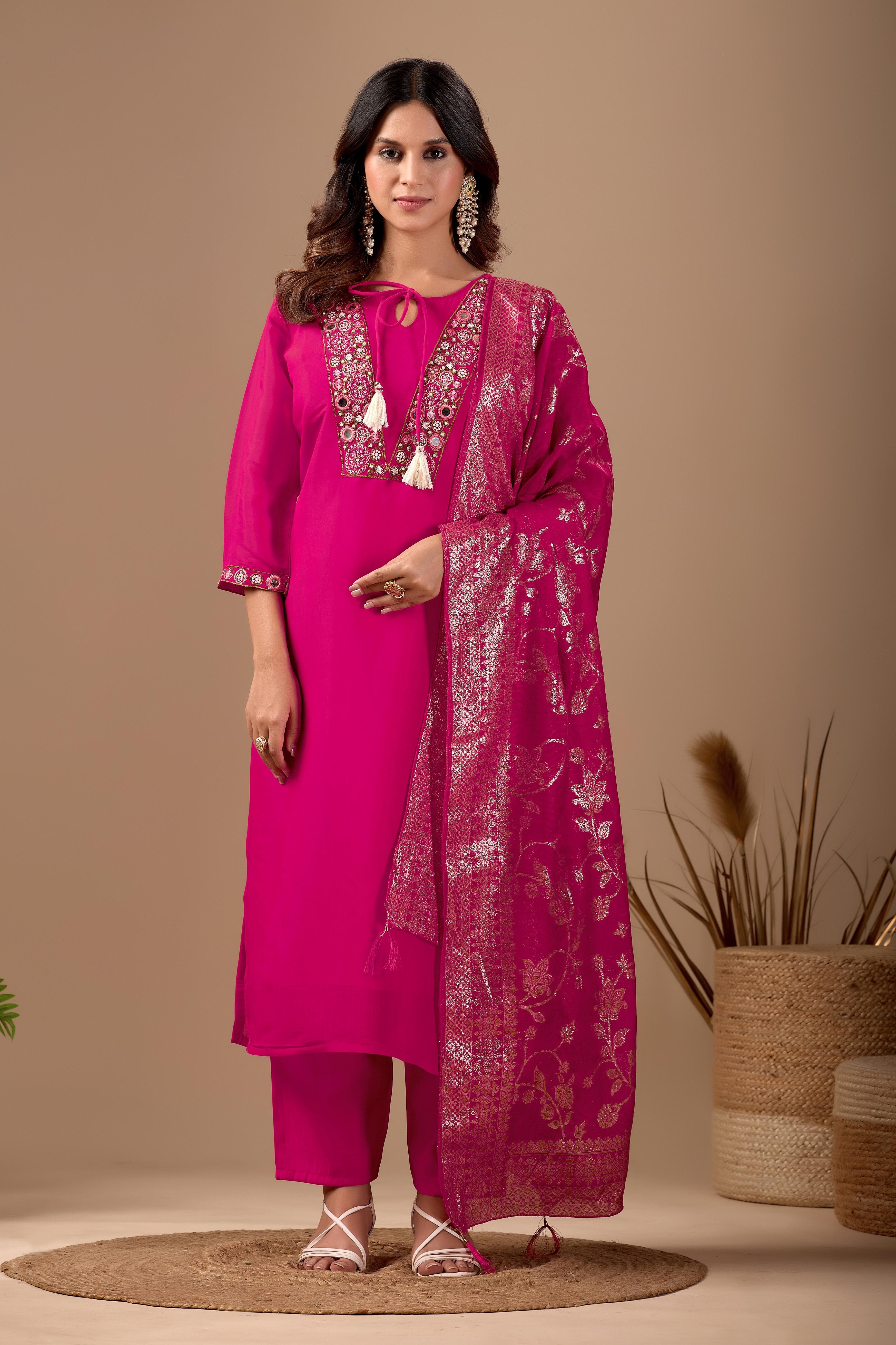 manvaa Embroidered Kurta, Trouser/Pant & Dupatta Set-picture-33