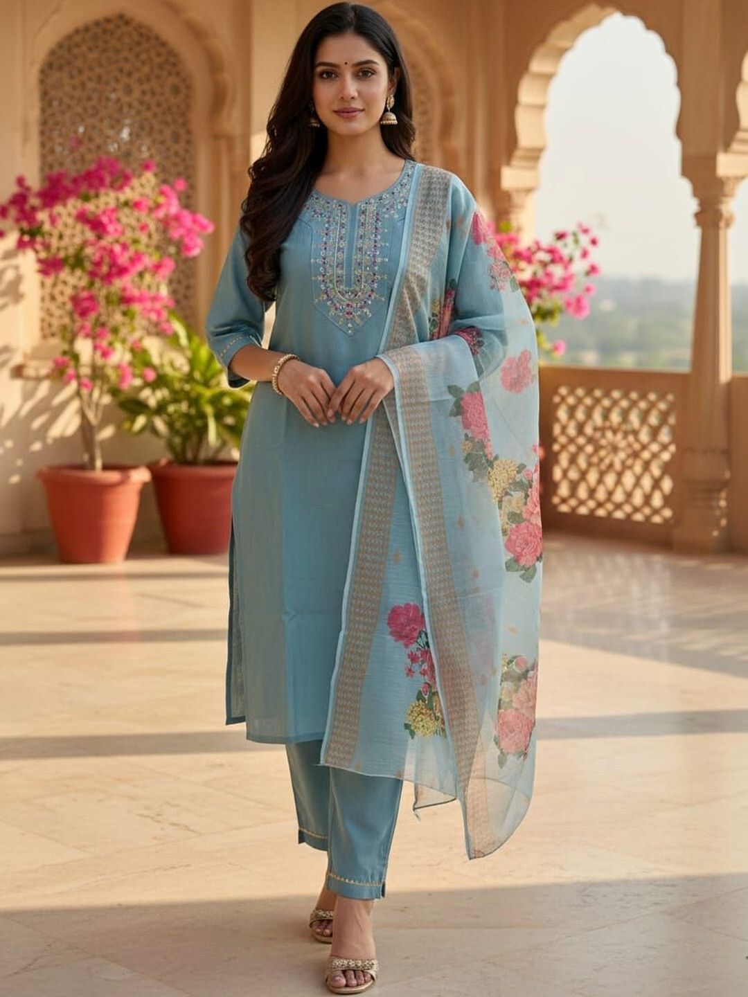 h.vedora Women Floral Printed Straight Salwar Suit Set with Chiffon Dupatta Ethnic Wear Floral Print Kurta, Trouser/Pant & Dupatta Set-picture-11