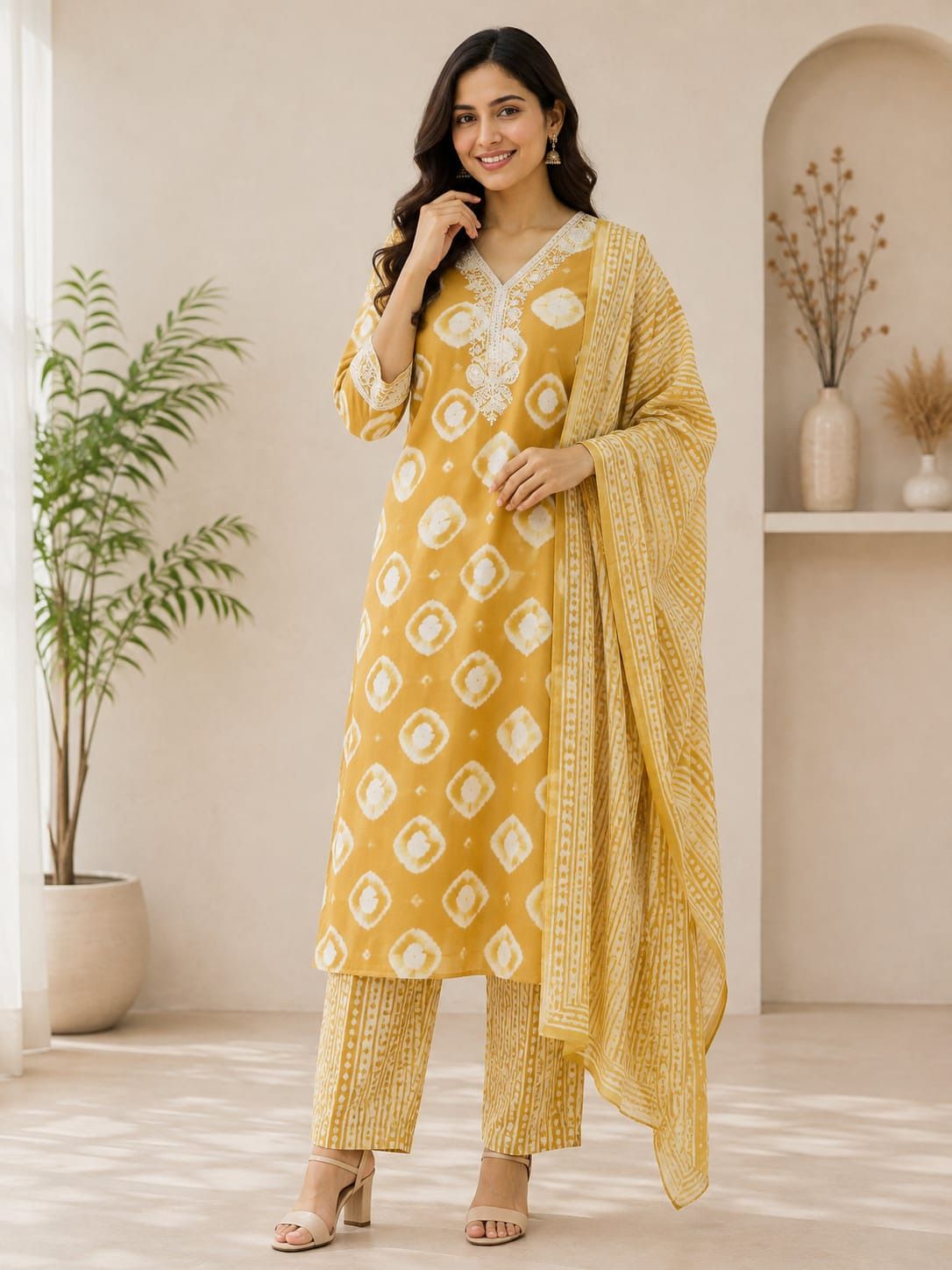 Tie-Dye Printed Straight Kurta with Matching Trouser and Dupatta Set Floral Print Kurta, Palazzo & Dupatta Set-image-6