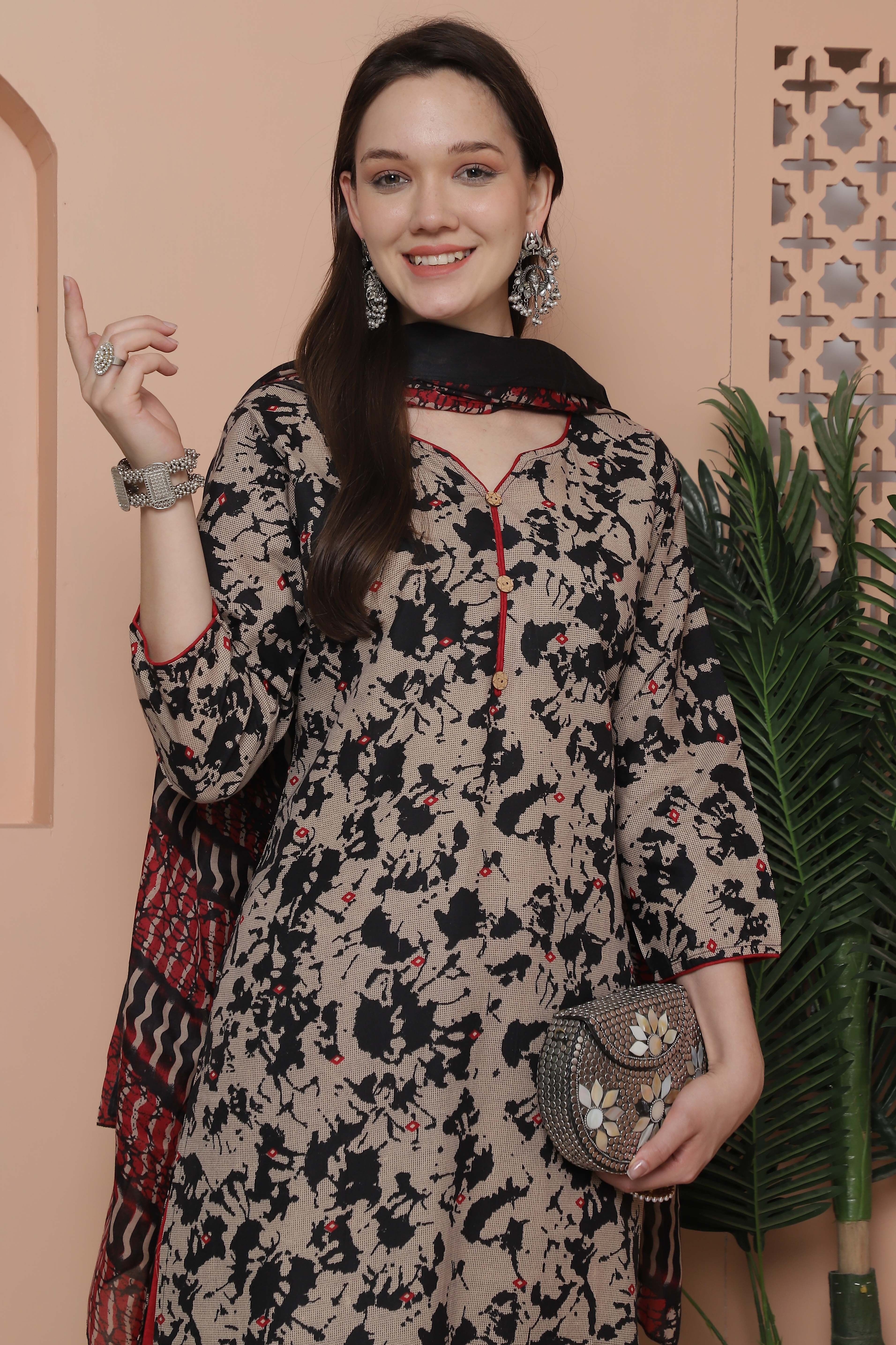 Cotton Blend Printed Readymade Kurta Set Ready to Wear Printed Kurta, Trouser/Pant & Dupatta Set-image-42