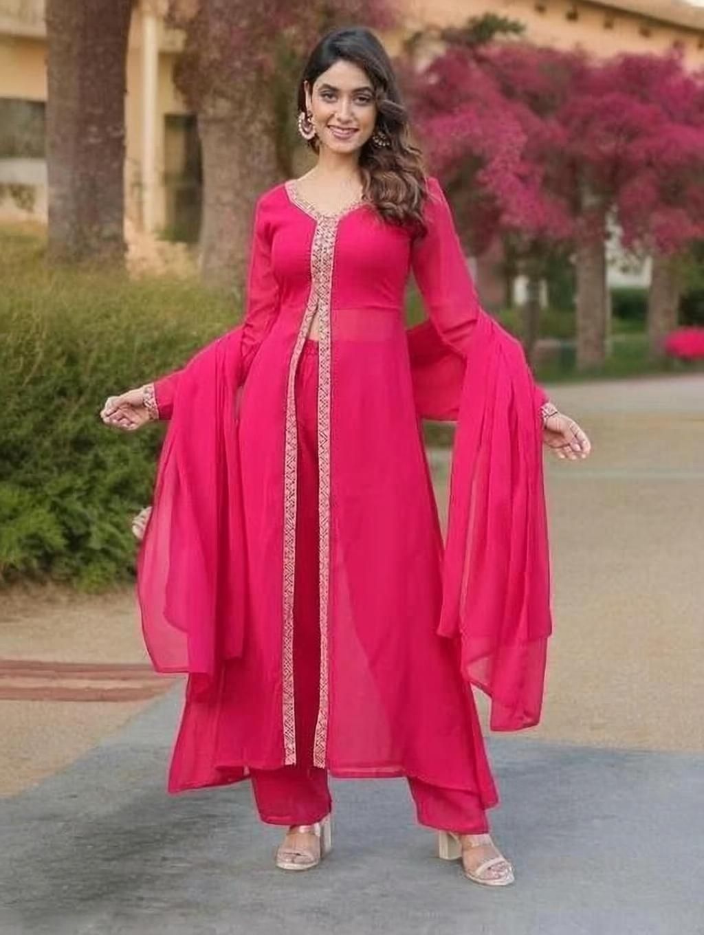 Women Georgette Ethnic Top Pant Dupatta Set-image-12