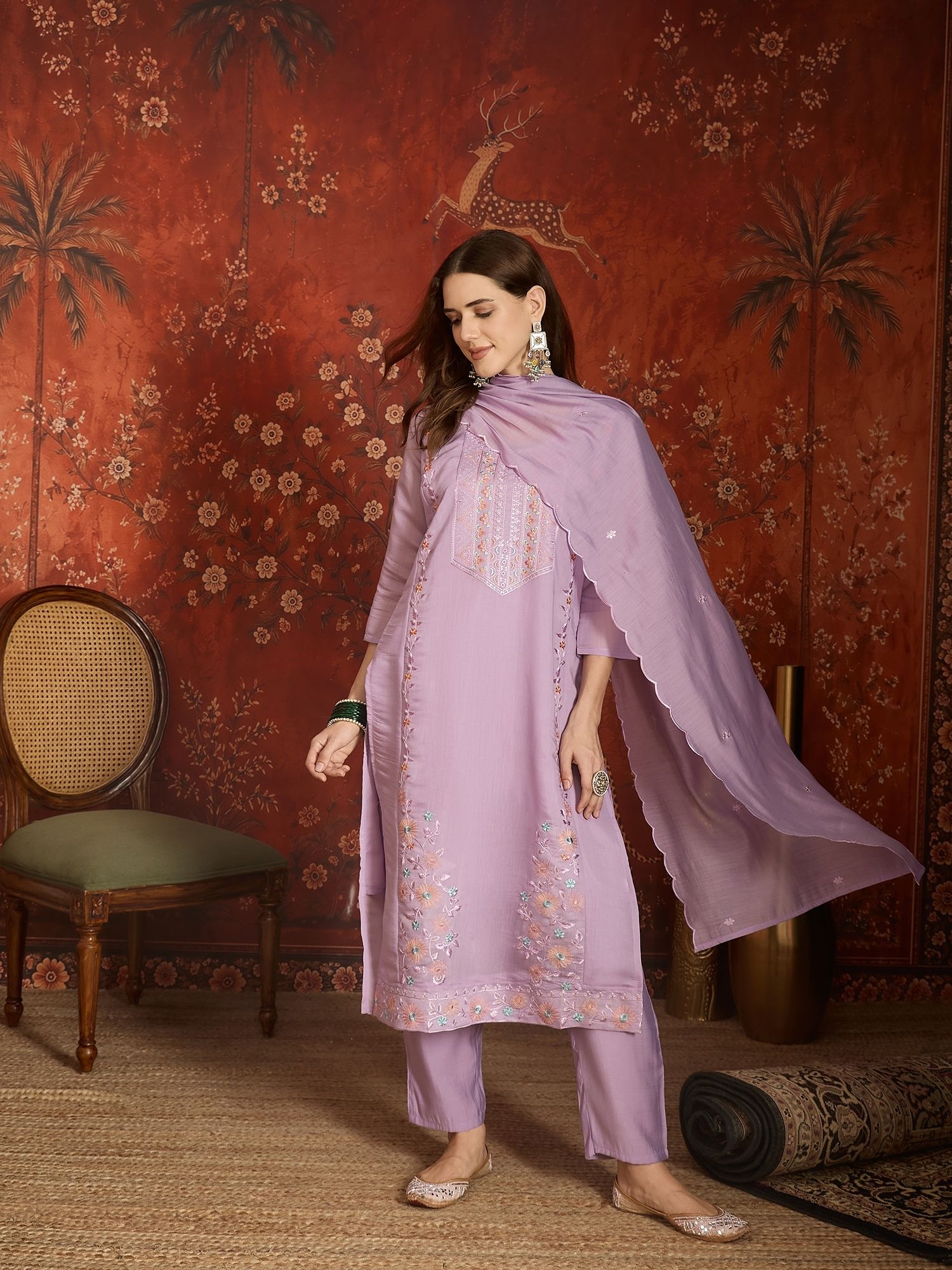 manvaa Embroidered Kurta, Trouser/Pant & Dupatta Set-picture-38