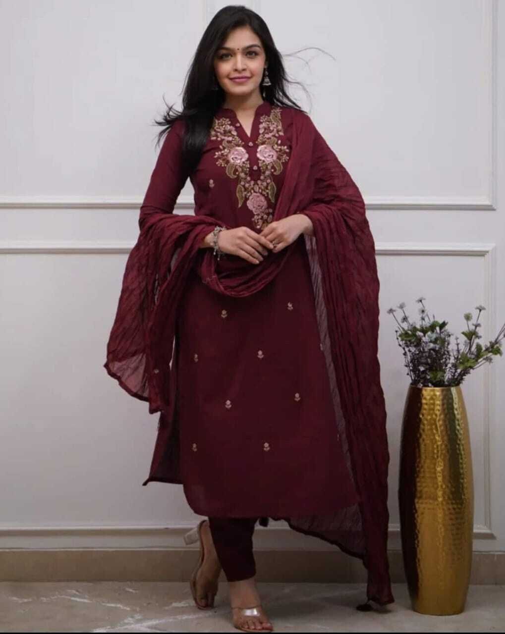 FLOWER EMBROIDERED VISCOSE RAYON FABRIC KURTA WITH PANT & DUPATTA Embroidered Kurta, Trouser/Pant & Dupatta Set-image-9