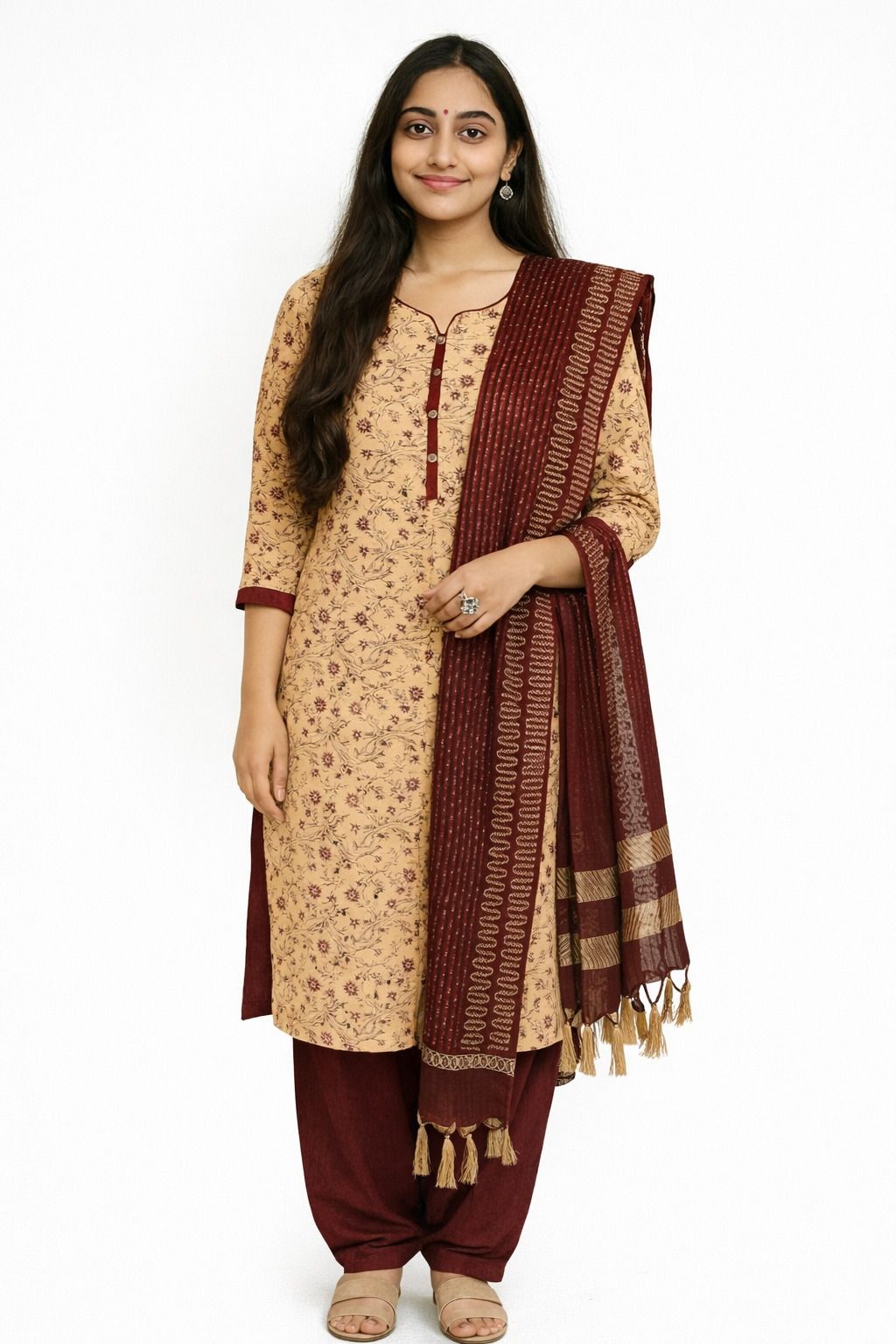 Women Printed Kurta Pant Dupatta Set | Cotton Blend Ethnic Suit Set Solid Kurta, Churidar & Dupatta Set-image-2