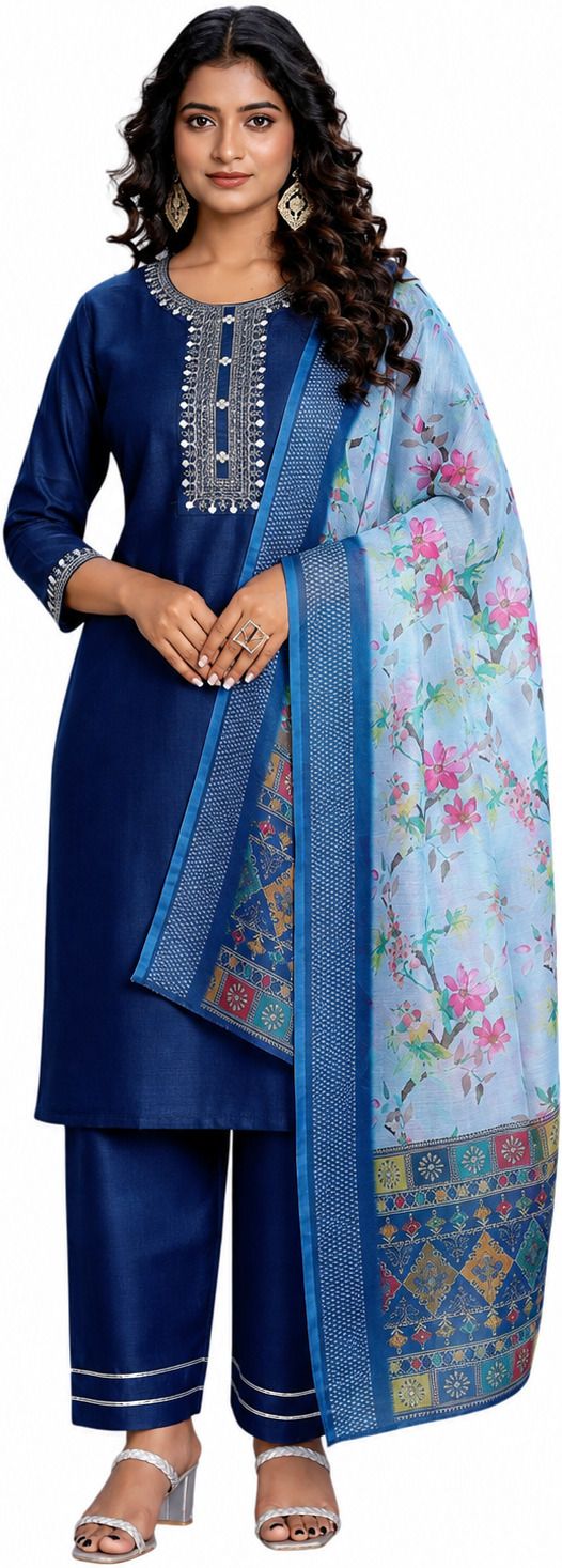 V-Neck Embroidery Salwar Kurta Dupatta Ethnic Set Embroidered Kurta, Trouser/Pant & Dupatta Set-image-16