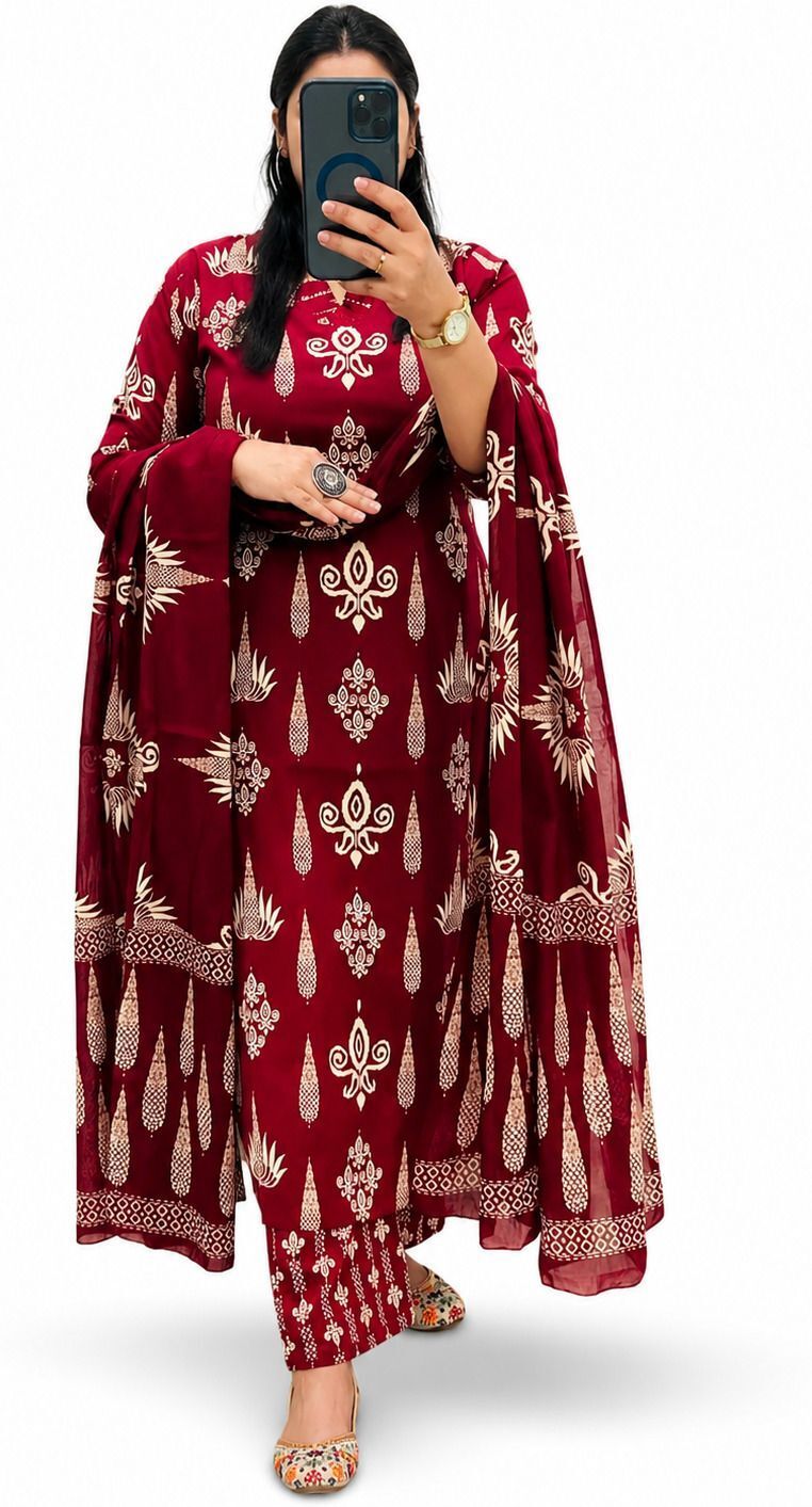 Red Printed Kurta Pant Dupatta Set | Ethnic Printed Straight Kurta Set Printed Kurta, Trouser/Pant & Dupatta Set-image-0