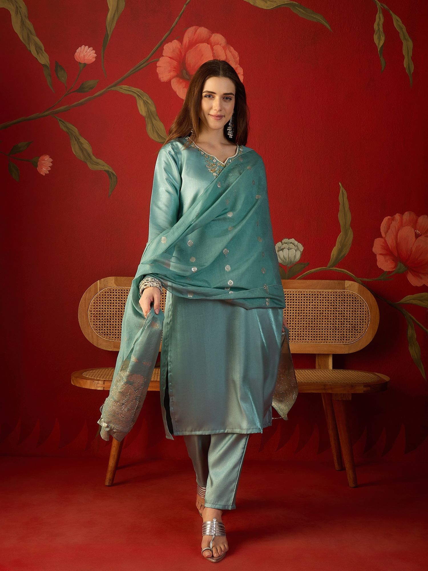 manvaa Embroidered Kurta, Trouser/Pant & Dupatta Set-picture-15